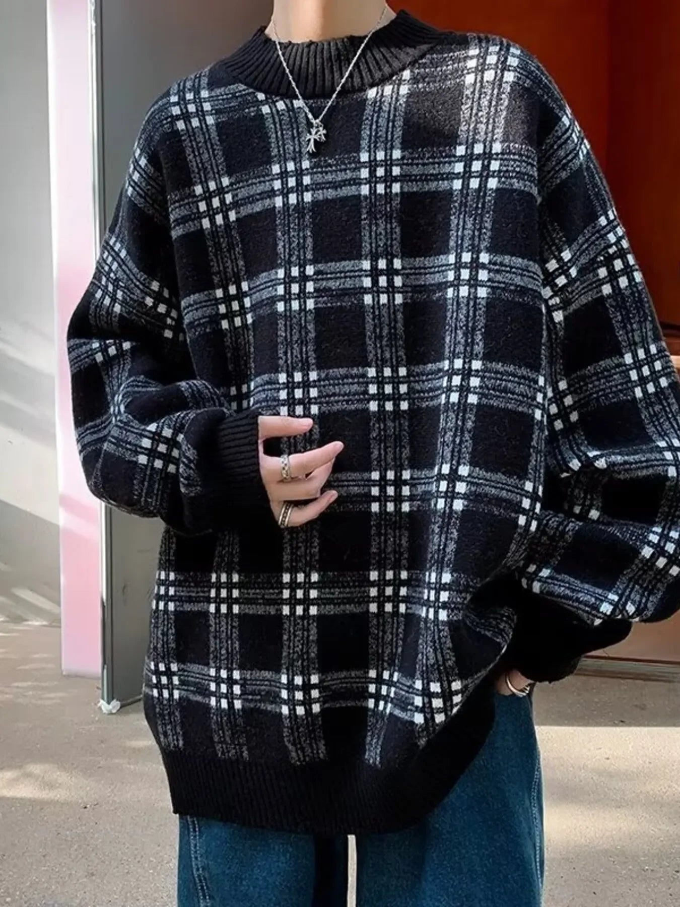 Oversized Plaid Long Sleeve Stretch Sweater - Southern Shores Clothing