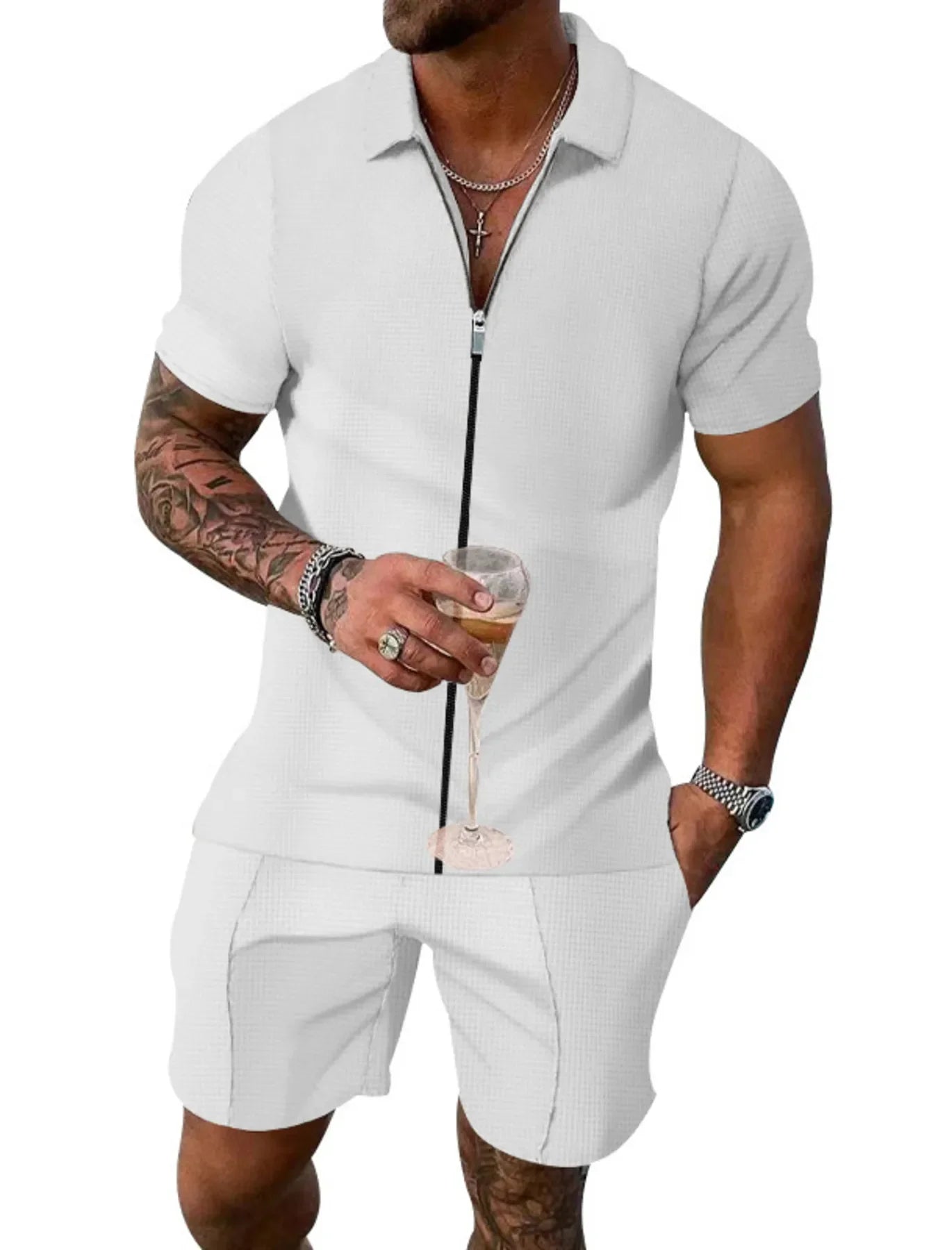 Men's Plus Size Zip Up Short Sleeve Top and Shorts Set - Southern Shores Clothing