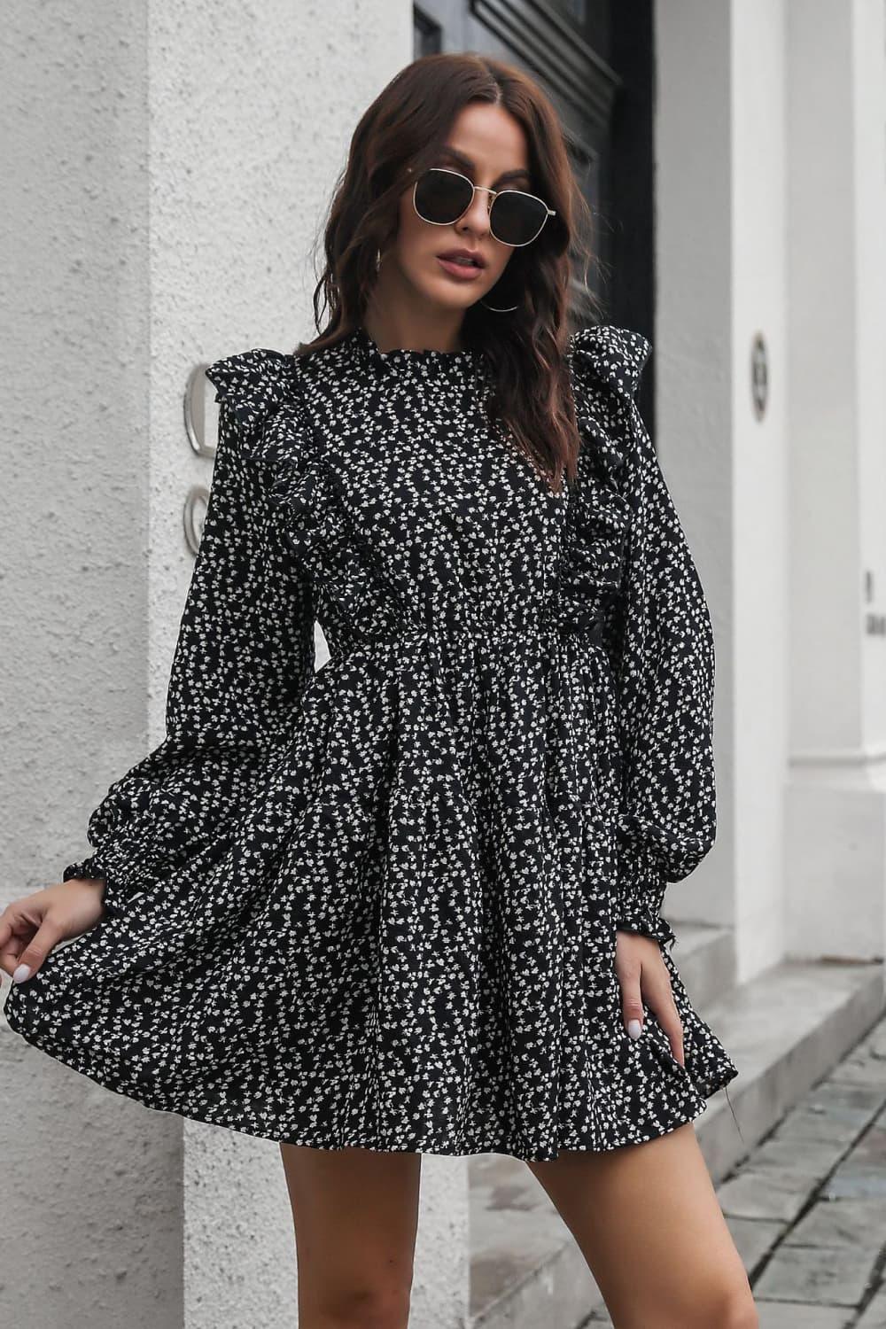 Printed Ruffle Trim Smocked Long Sleeve Mini Dress - Southern Shores Clothing