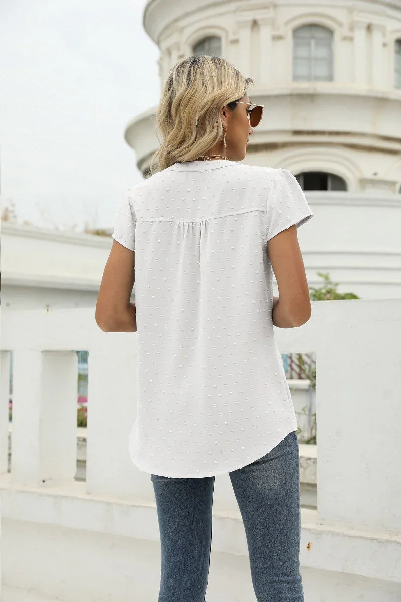 Swiss Dot Notched Neck Short Sleeve Top Casual Wear - Southern Shores Clothing