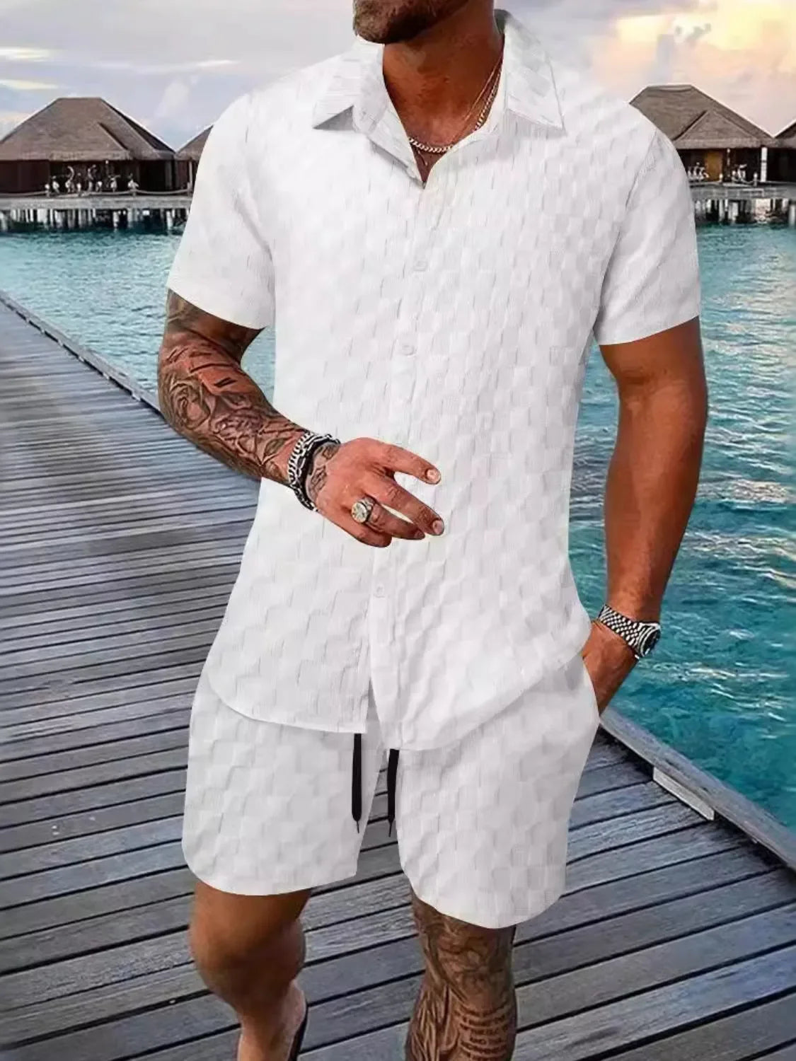 Men's Full Size Collared Neck Short Sleeve Top and Shorts Set Plus Size - Southern Shores Clothing