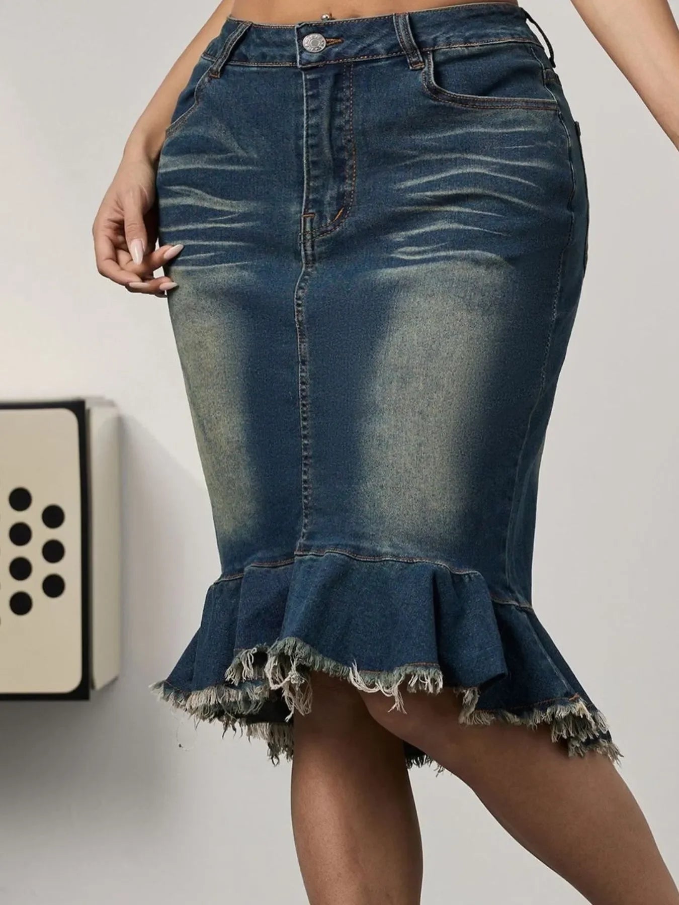 Mermaid Denim Skirt Pocketed Raw Hem Classic - Southern Shores Clothing