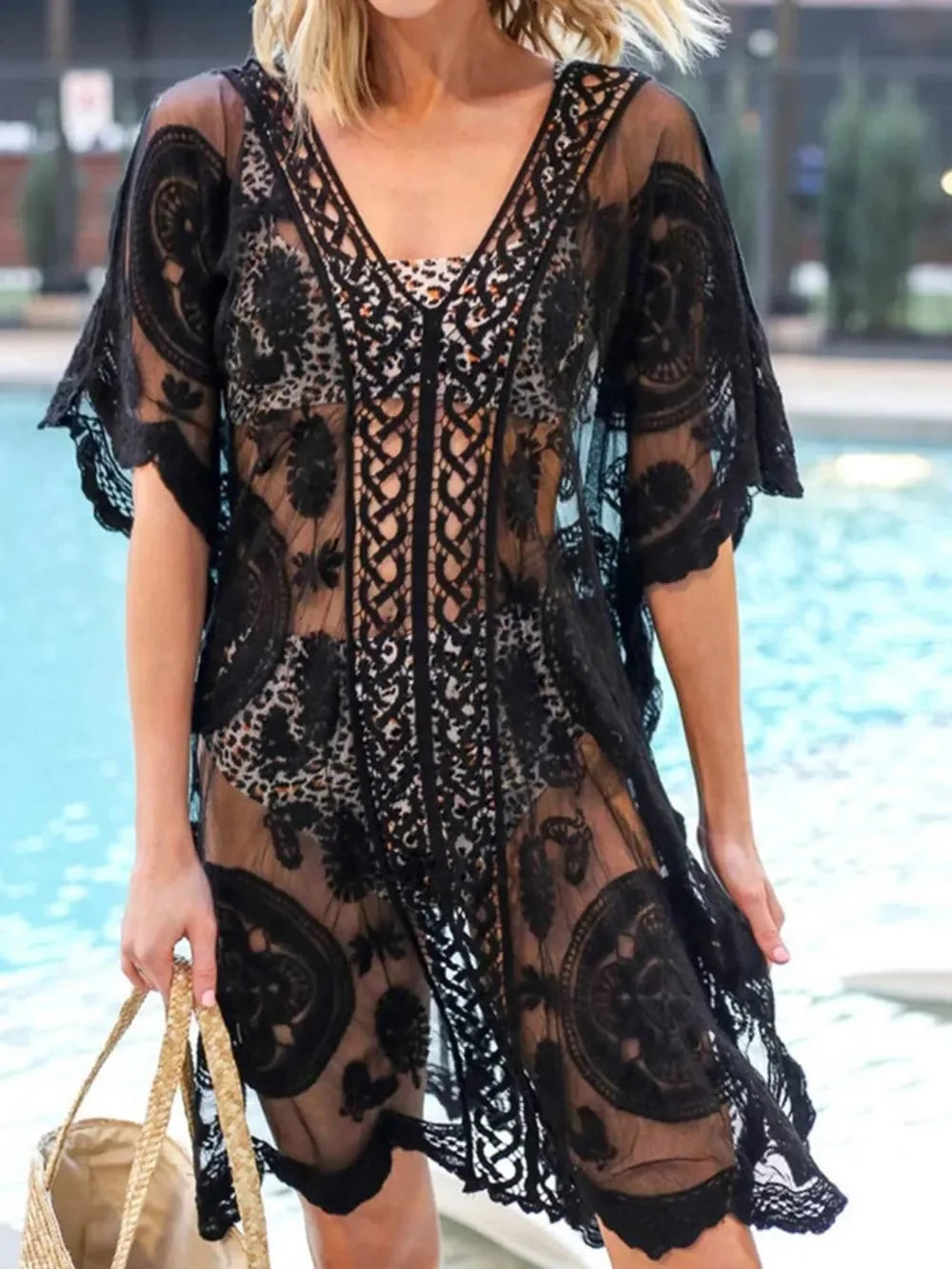 Sheer Lace V Neck Half Sleeve Cover Up One Size - Southern Shores Clothing