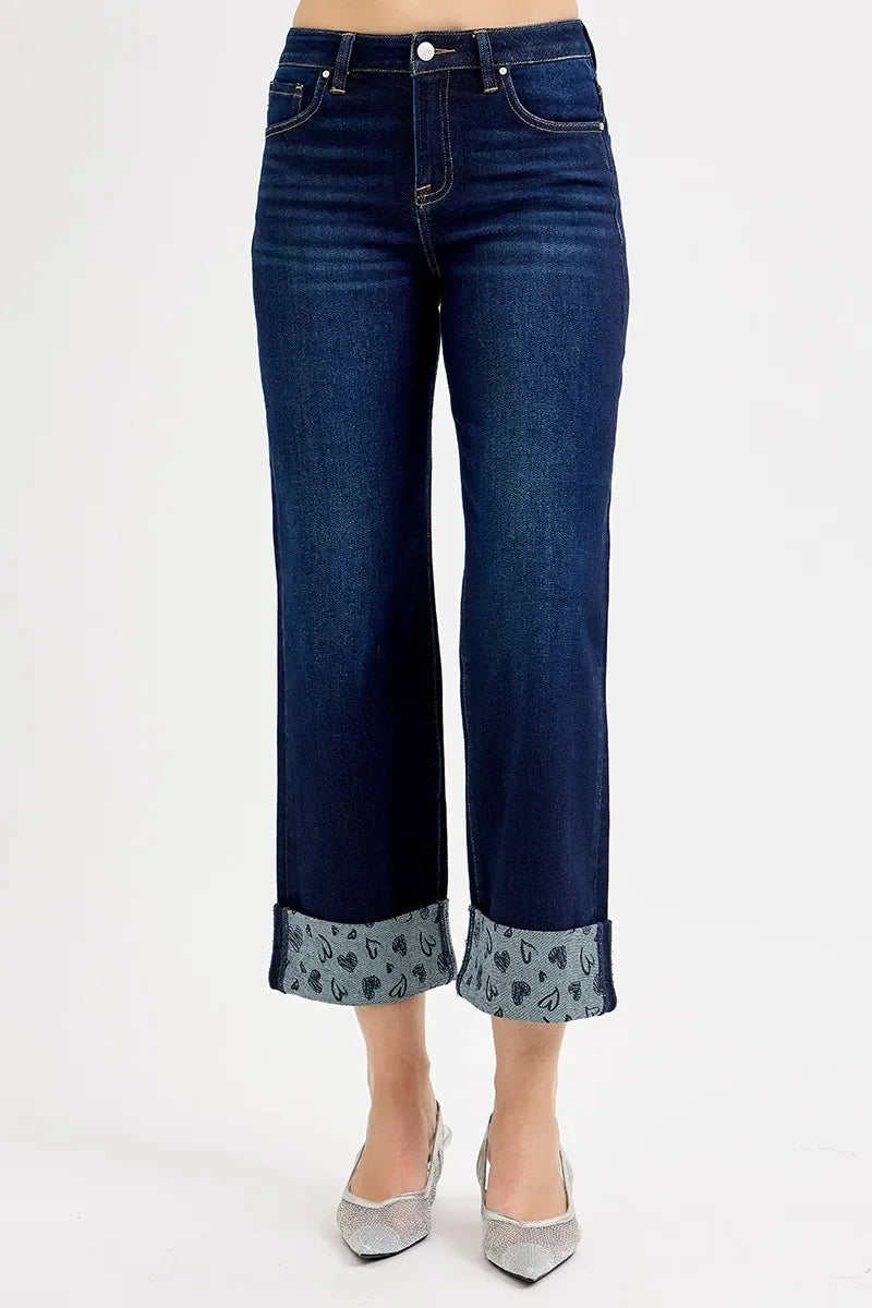 Crop Wide Jeans With Printed Cuff Plus Size - Southern Shores Clothing