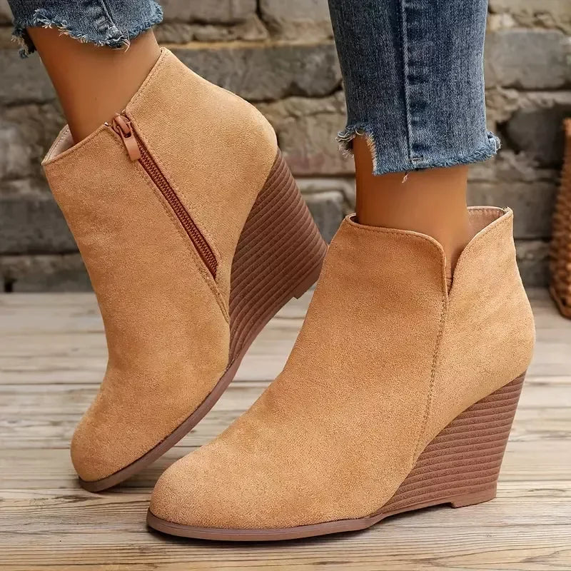 Suede Wedge Boots With Side Zipper Closure