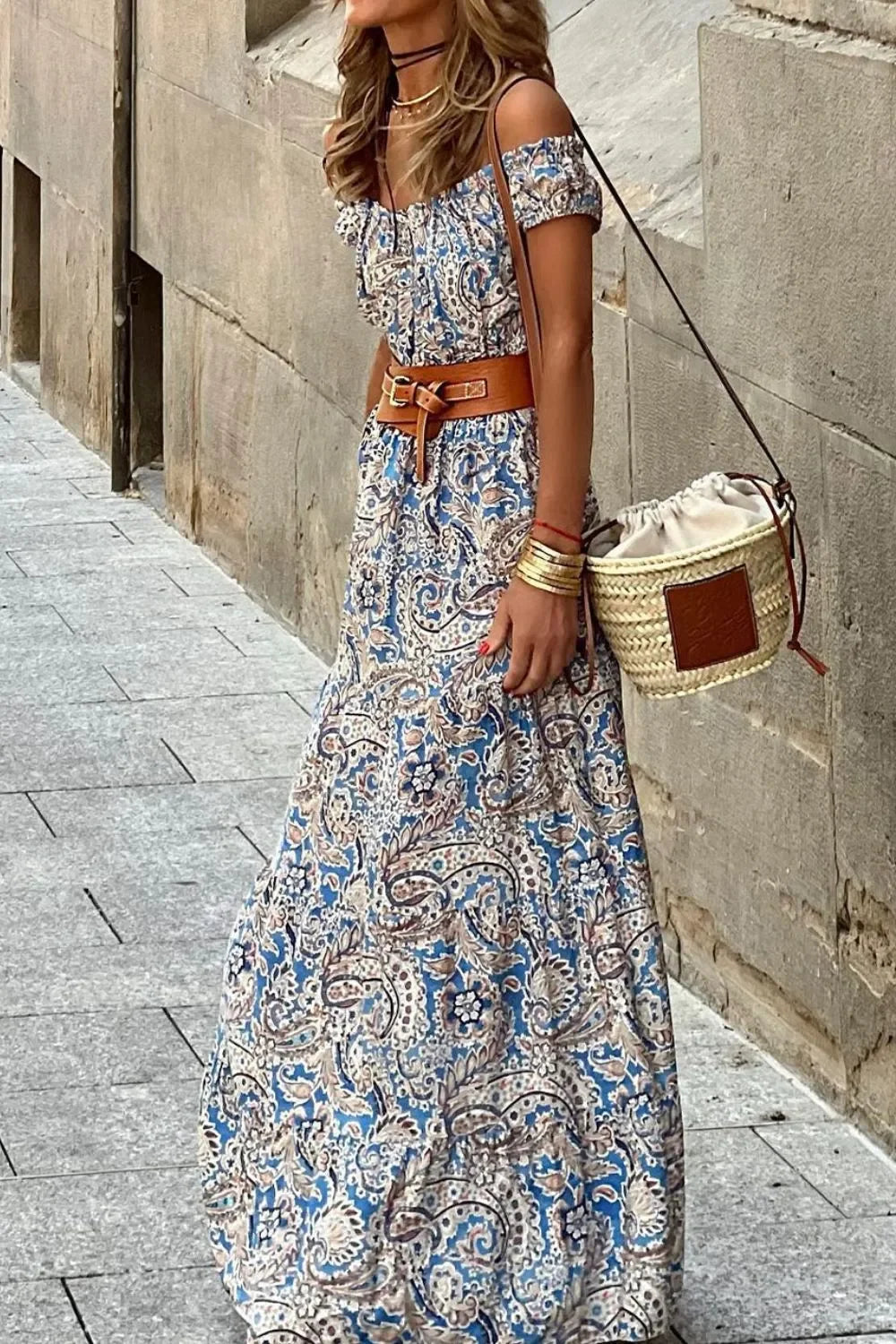 Boho Paisley Off Shoulder Maxi Dress With Elastic Waist - Southern Shores Clothing