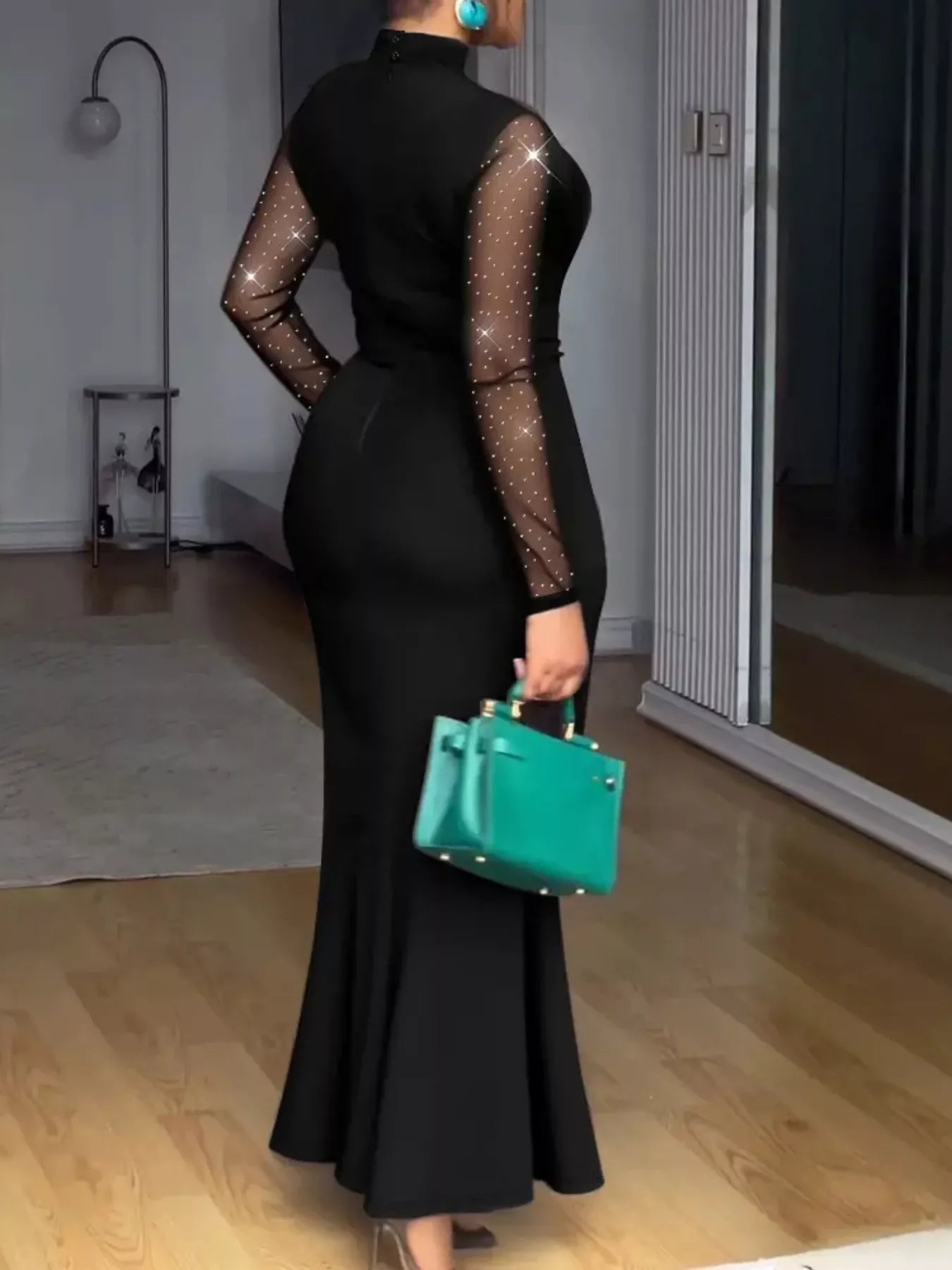 Sleek Mesh Mock Neck Long Sleeve Maxi Dress