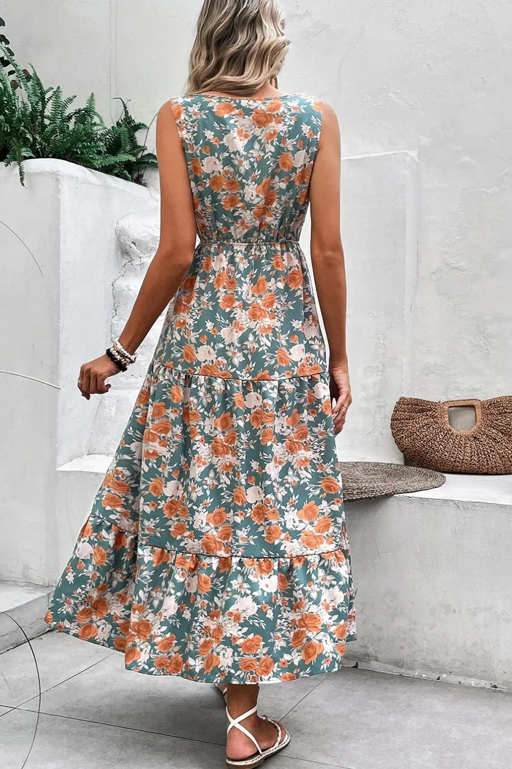 Floral Print Sleeveless V-Neck Dress With Tie Waist Tiered - Southern Shores Clothing