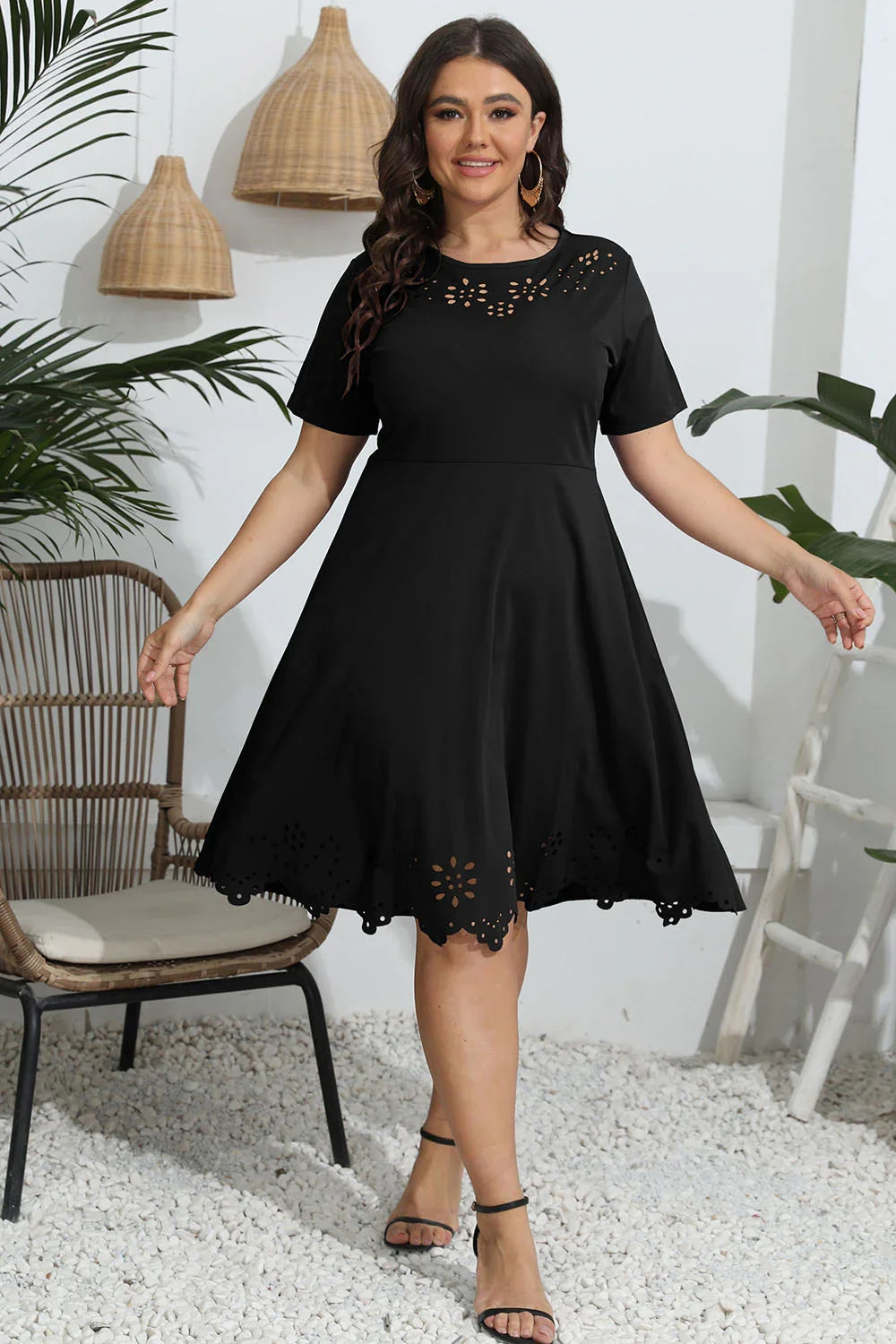 Plus Size Round Neck Openwork Dress - Southern Shores Clothing