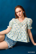 Lace Detail Bow Print Flounce Sleeve Blouse - Southern Shores Clothing