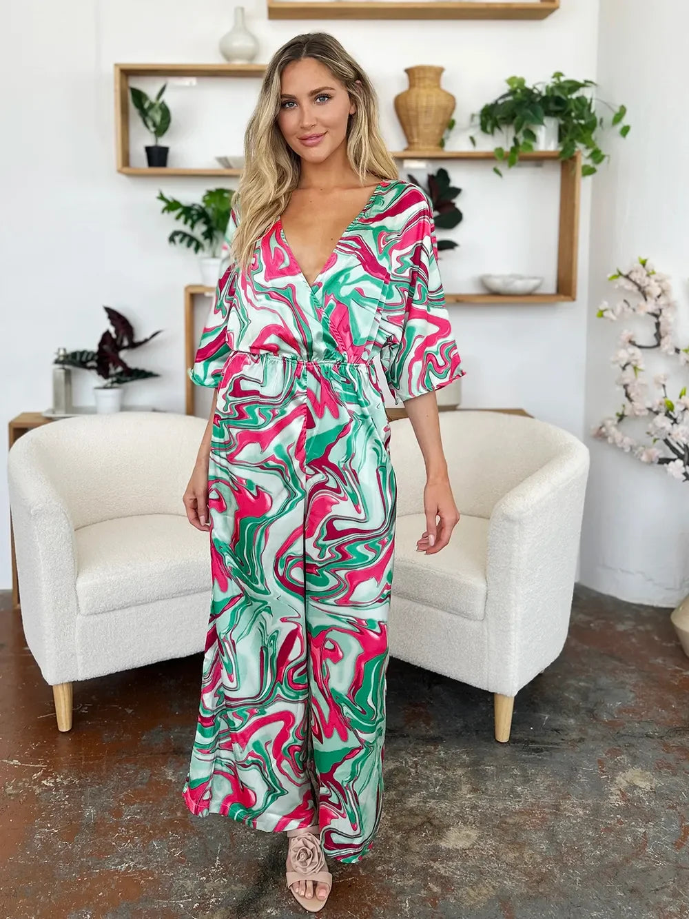 Tie Ruched Half Sleeve Wide Leg Jumpsuit - Southern Shores Clothing
