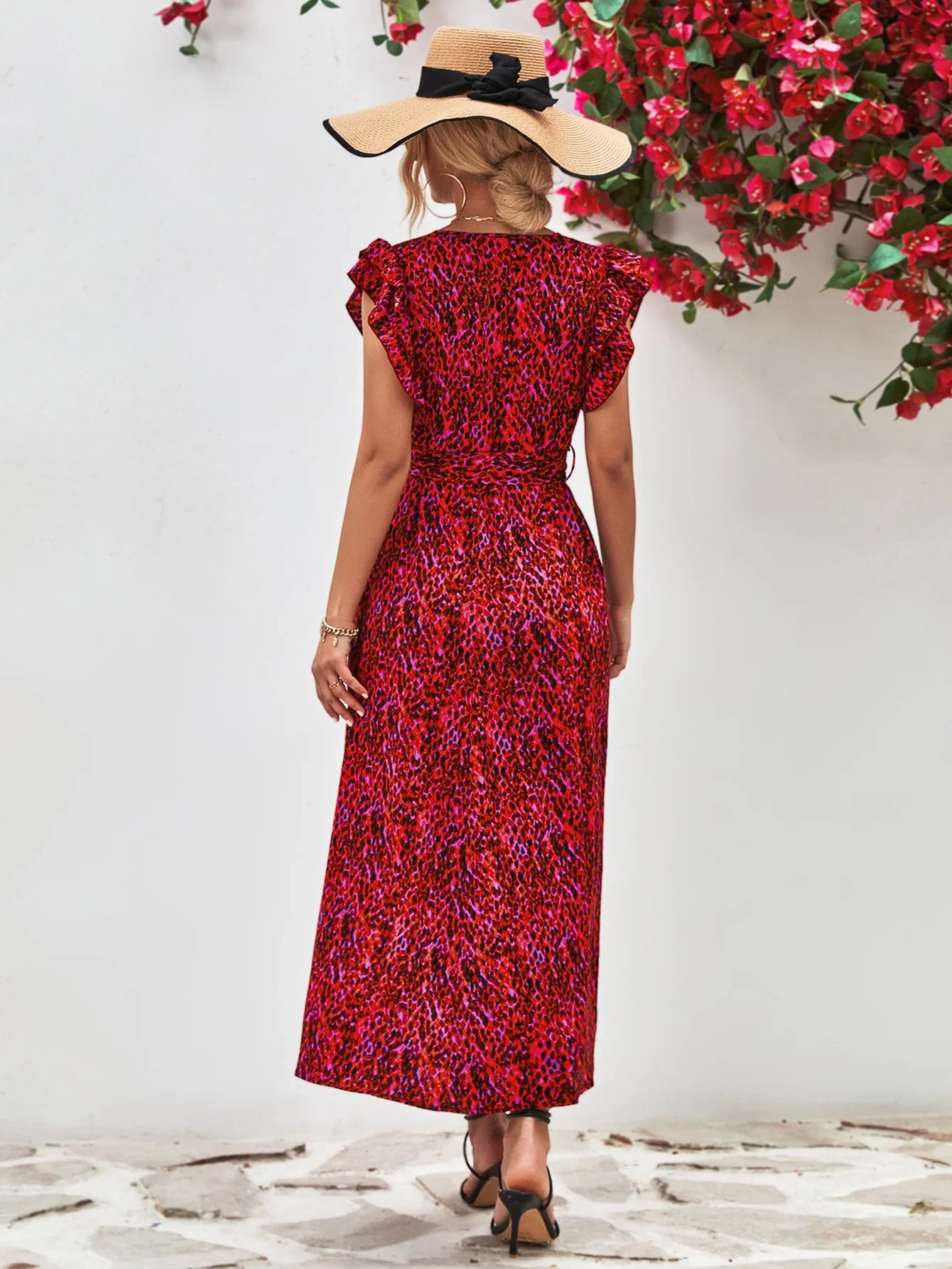Printed Surplice Neck Flutter Sleeve Slit Dress - Southern Shores Clothing