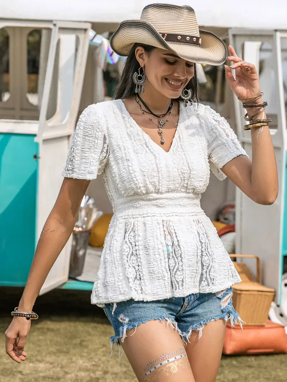 Lace V-Neck Short Sleeve Top With Sheer Panel Detailing - Southern Shores Clothing