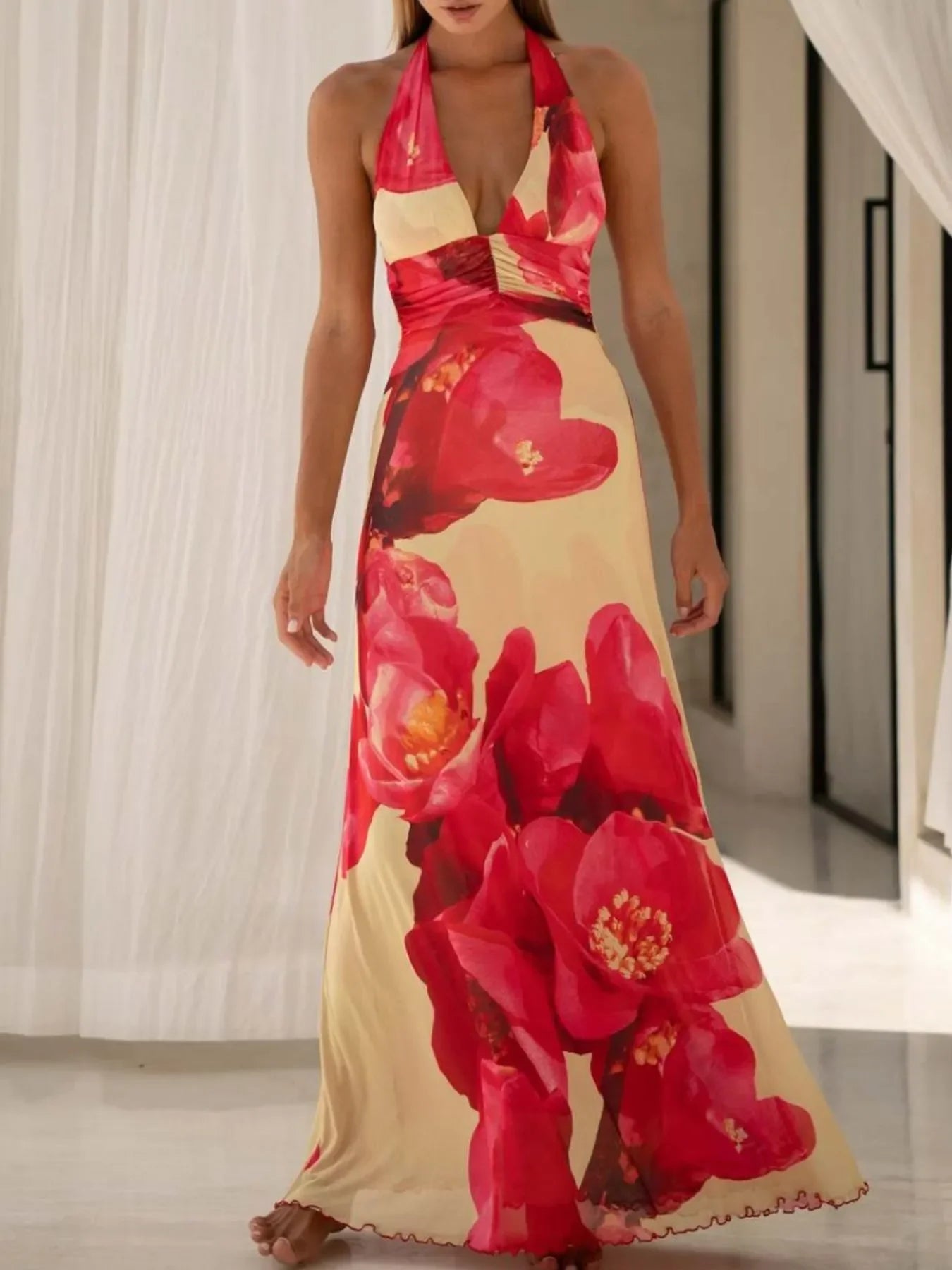 Floral Halter Neck Deep V Maxi Dress Beachwear - Southern Shores Clothing