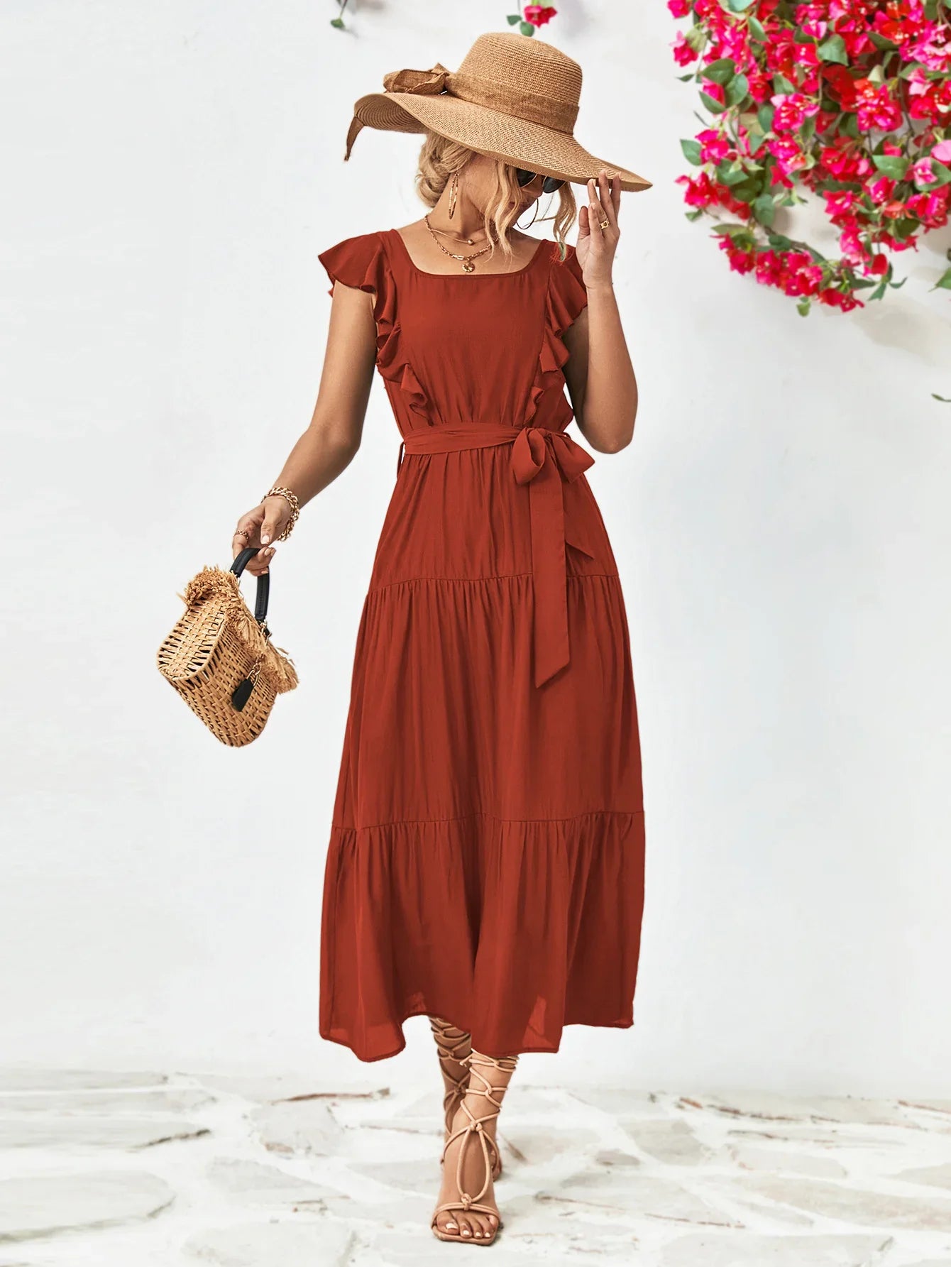 Tie Belt Ruffled Tiered Dress - Southern Shores Clothing