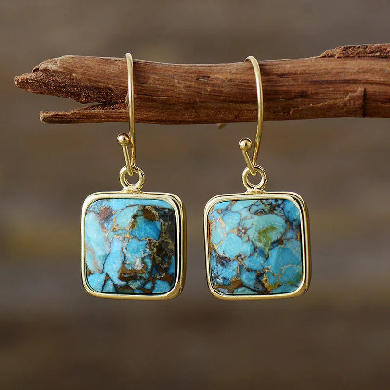 Gold Plated Copper Square Drop Earrings With Natural Stones