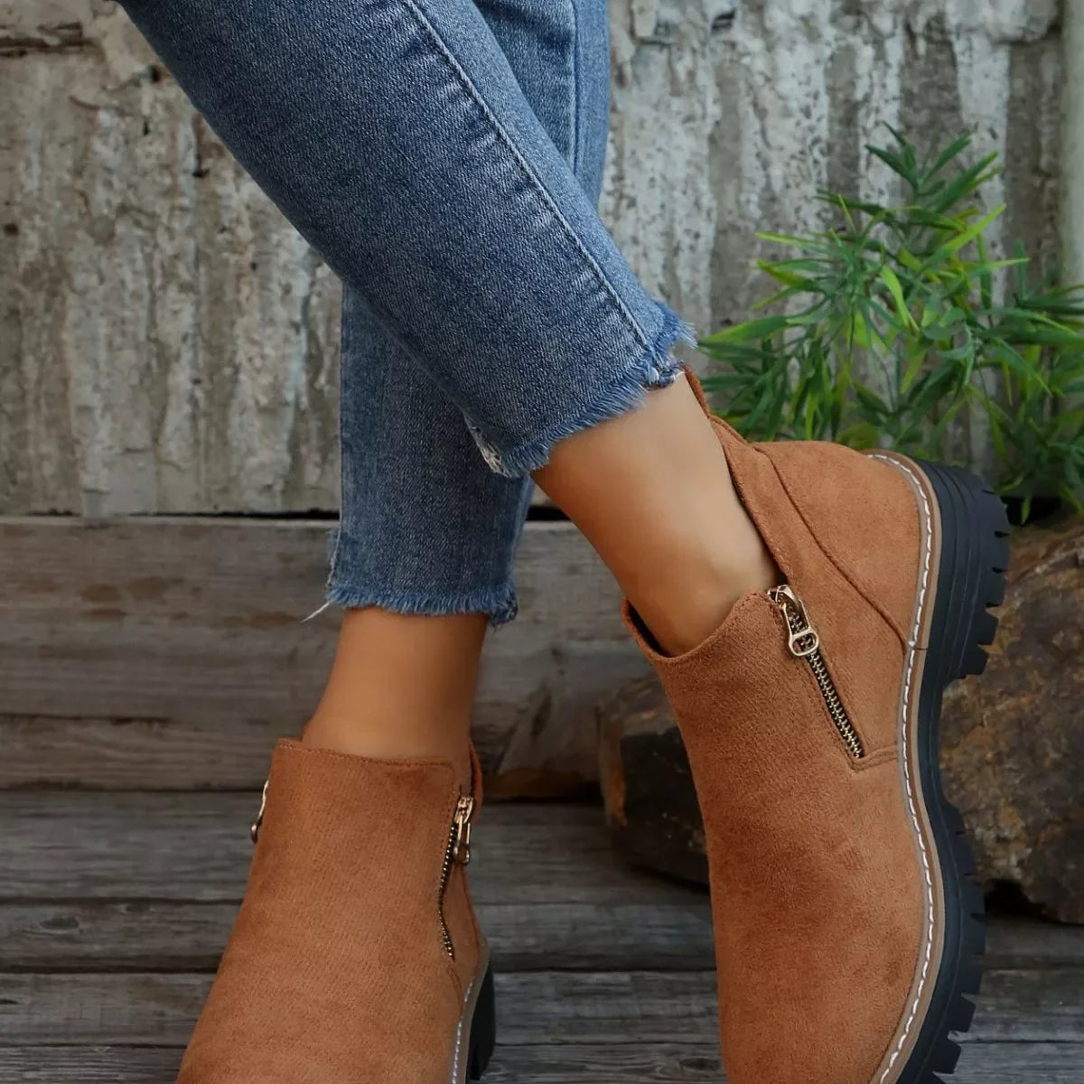 Suede Ankle Boots With Zipper Detail Mid Heel - Southern Shores Clothing