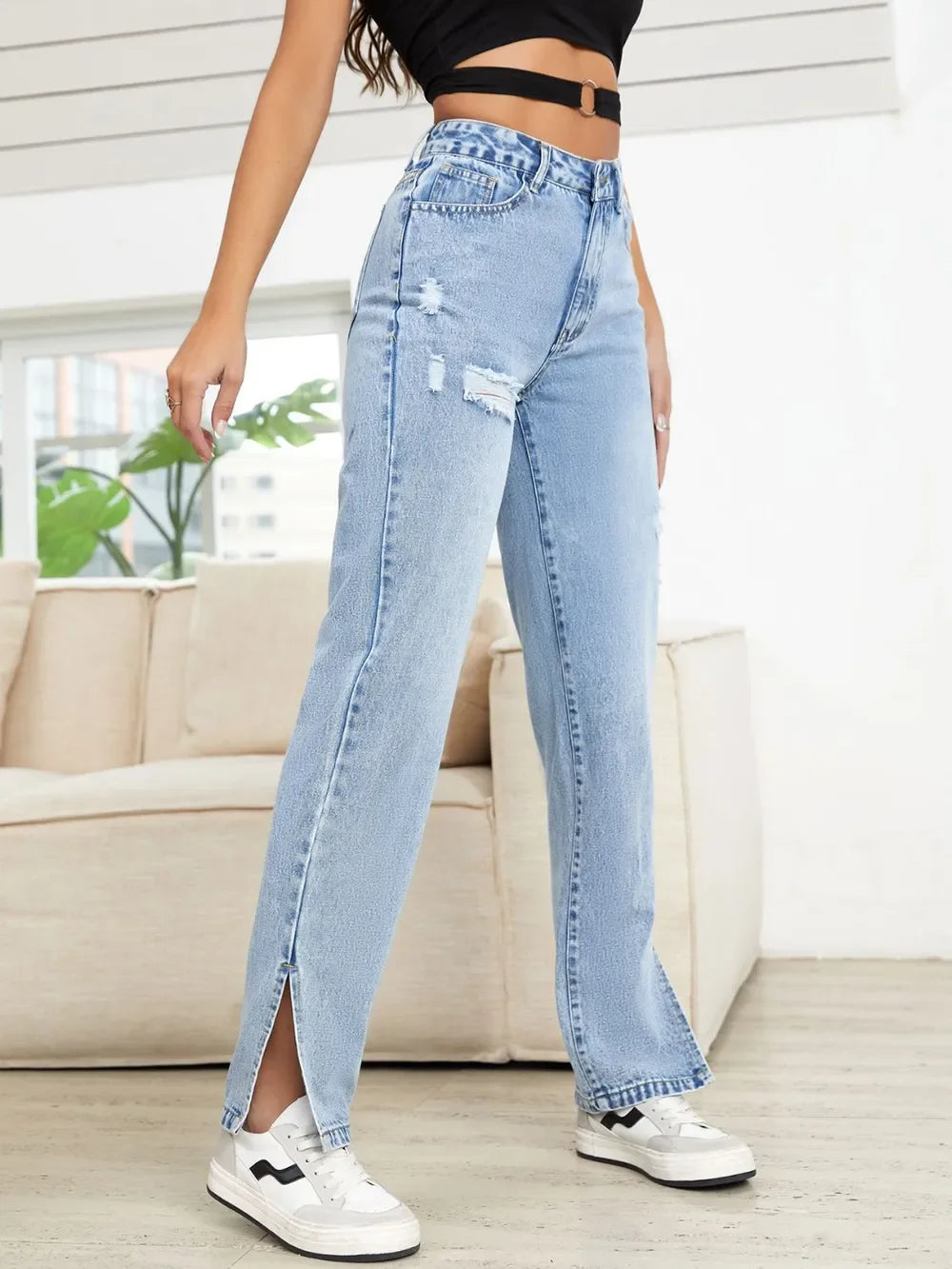 Nautical Inspired Distressed Slit Straight Leg Jeans - Southern Shores Clothing
