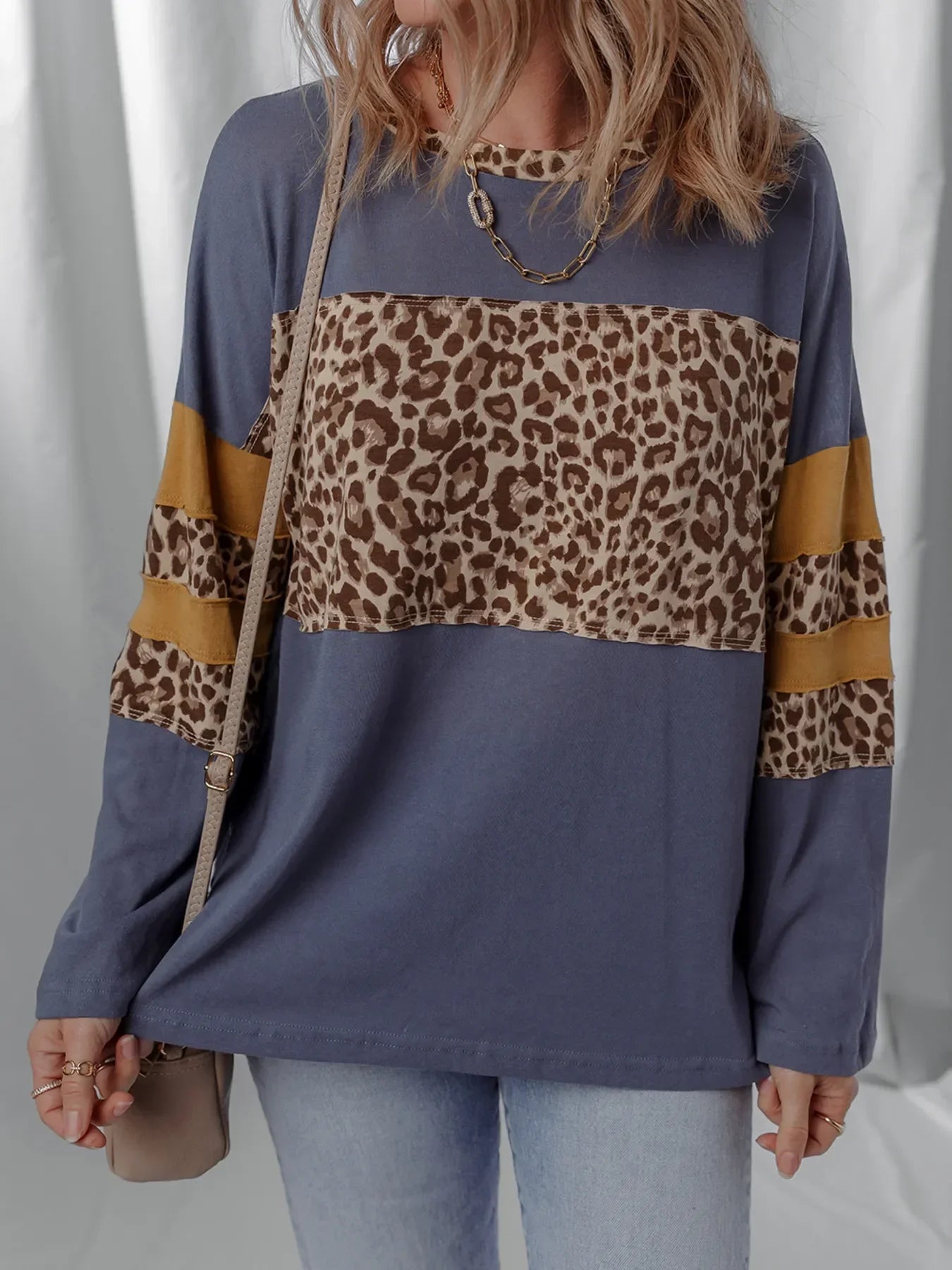 Leopard Color Block Cotton Long Sleeve Drop Shoulder Top - Southern Shores Clothing
