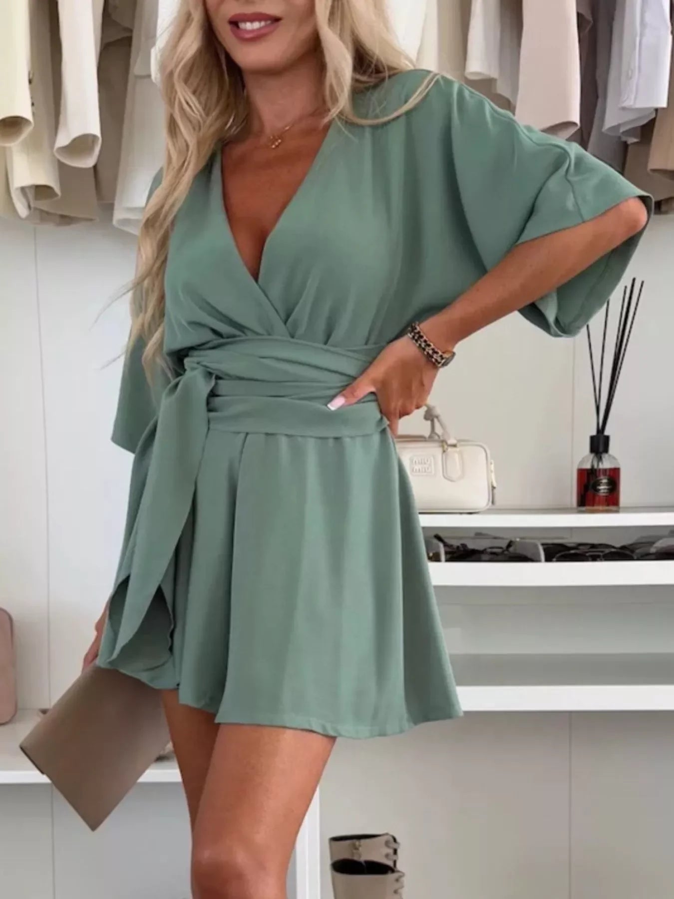 Belted Surplice Tie Waist Stretch Knit Romper - Southern Shores Clothing