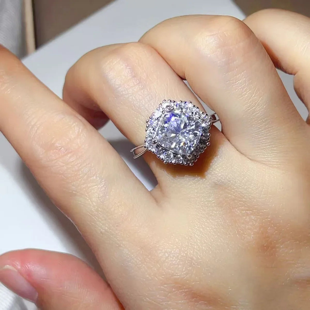 Cushion Cut Moissanite Ring 3 Carat Halo 925 Sterling Silver - Southern Shores Clothing