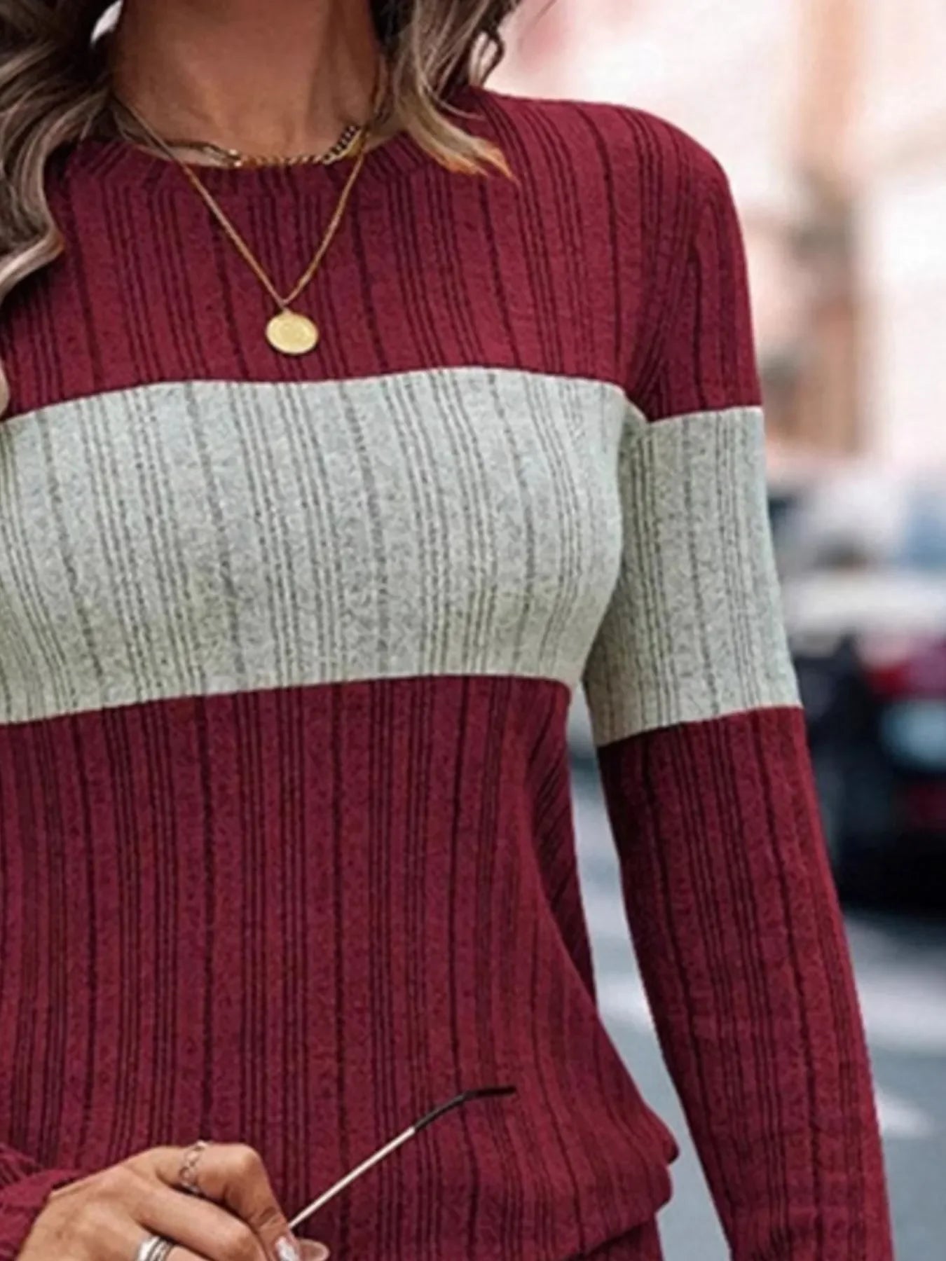 Block Pattern Round Neck Long Sleeve Sweater - Southern Shores Clothing