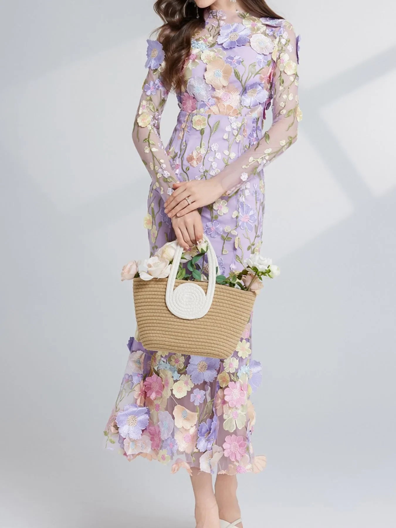 Floral Embroidered Magnolia Mesh Long Sleeve Midi Dress - Southern Shores Clothing