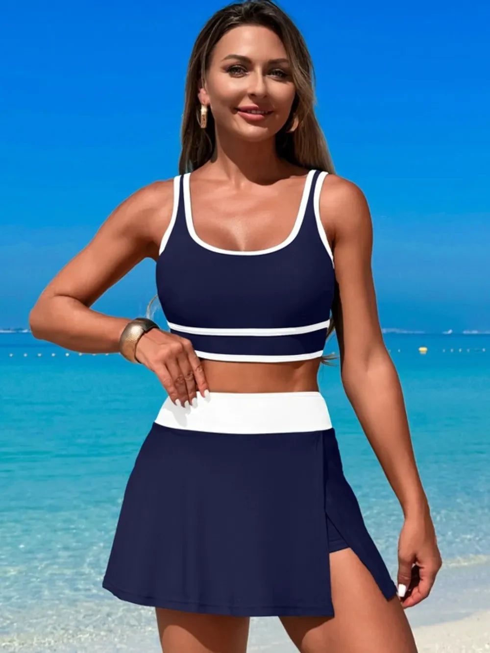 Two-Piece Swim Set With Scoop Neck Top And Skort Lightweight - Southern Shores Clothing