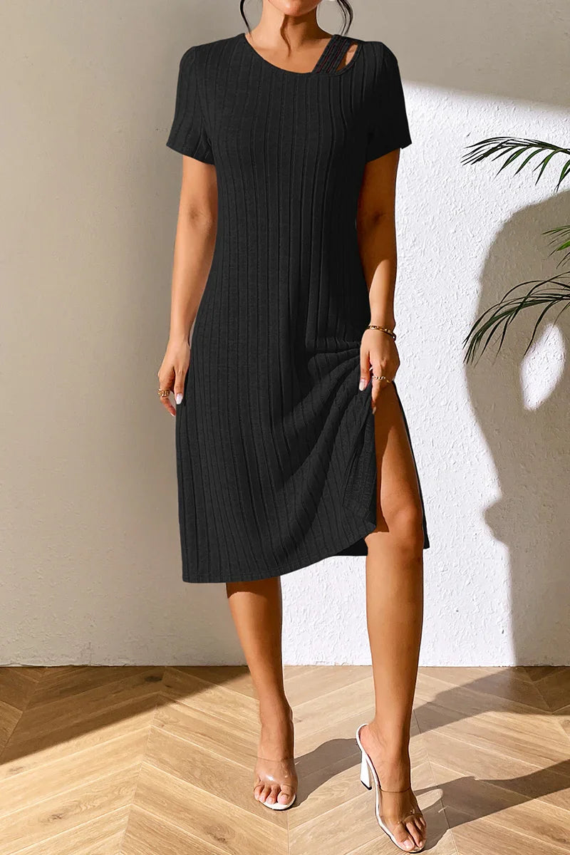 Ivy Lane Ribbed Asymmetrical Neck Short Sleeve Dress - Southern Shores Clothing