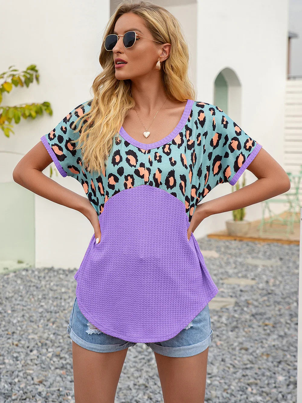 Leopard Print Waffle-Knit Short Sleeve Top - Southern Shores Clothing