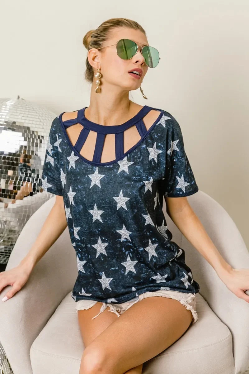 Vintage Star Print Tee With Contrast Caged Neck - Southern Shores Clothing