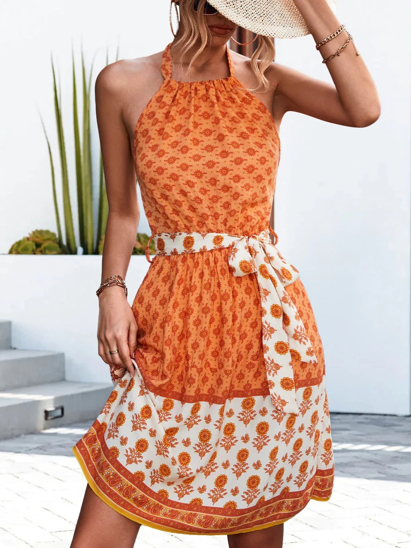 Floral Halter Neck Tie Waist Dress For Summer Vacation - Southern Shores Clothing