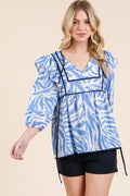 Graphic Print Quarter Sleeve Blouse With Solid Trim - Southern Shores Clothing