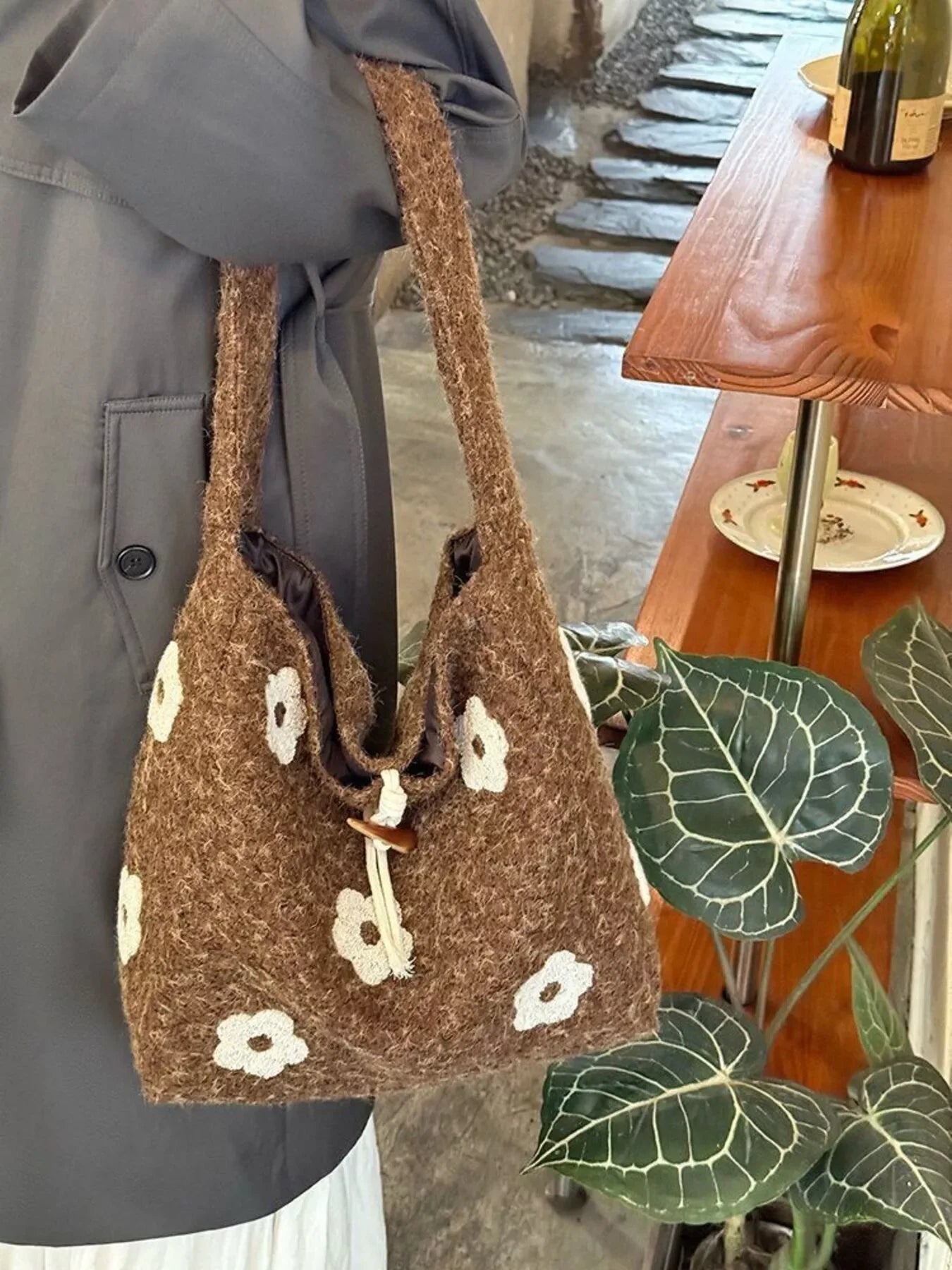Floral Fuzzy Knit Tote Bag With Plush Finish - Southern Shores Clothing