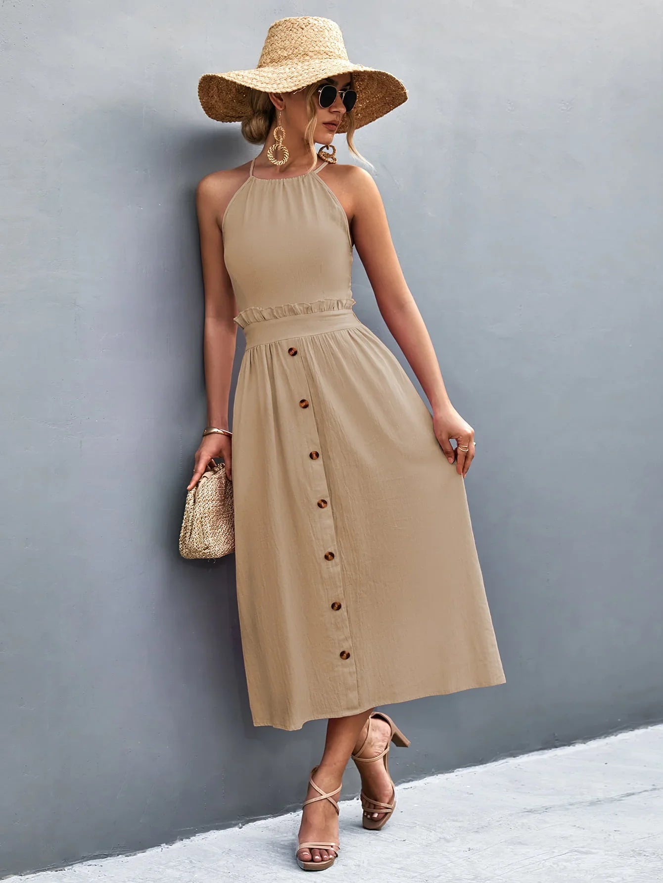 Buttoned Halter Neck Frill Trim Midi Dress - Southern Shores Clothing