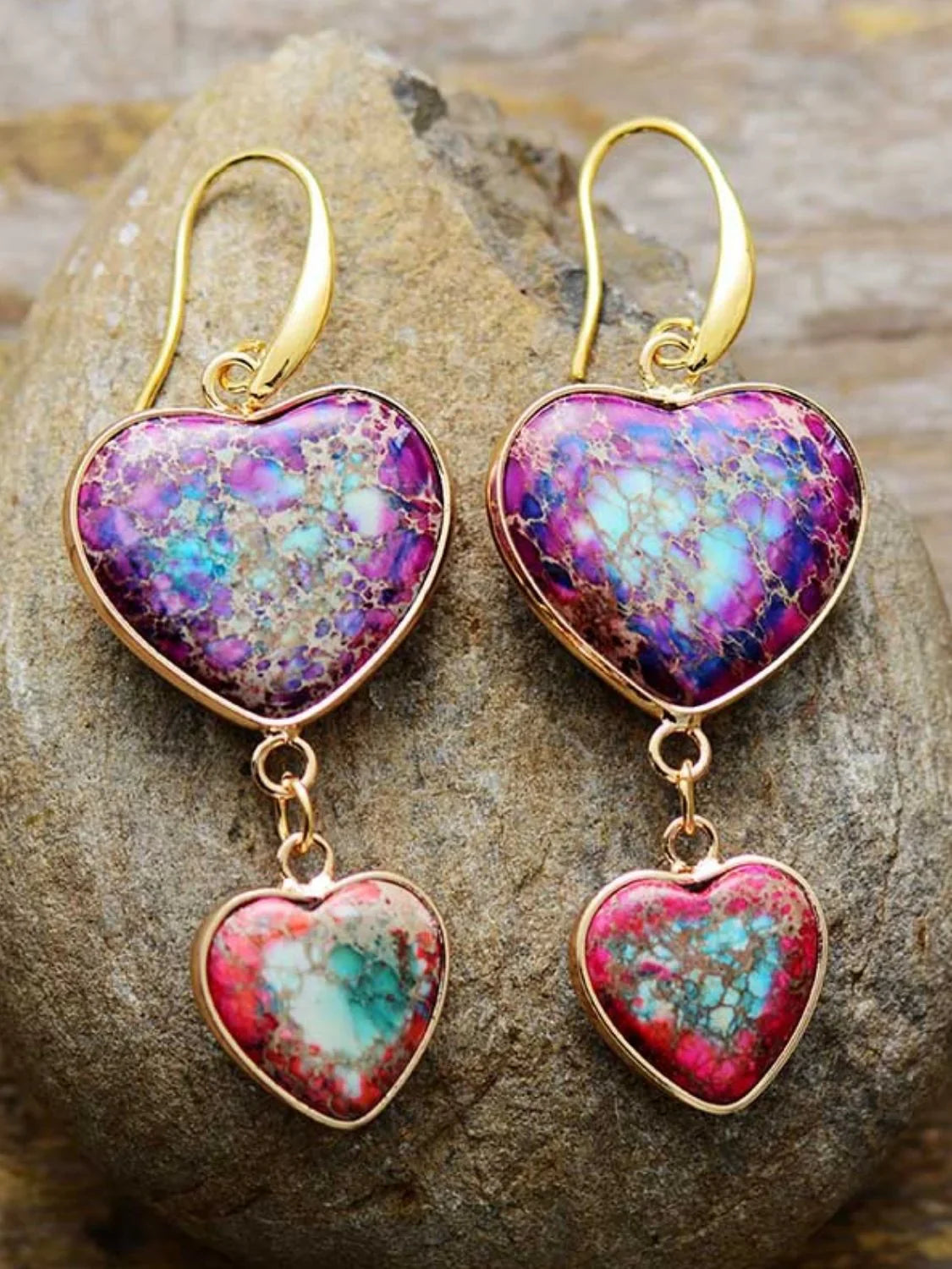 Heart Shape Imperial Jasper Dangle Earrings Gold Tone - Southern Shores Clothing