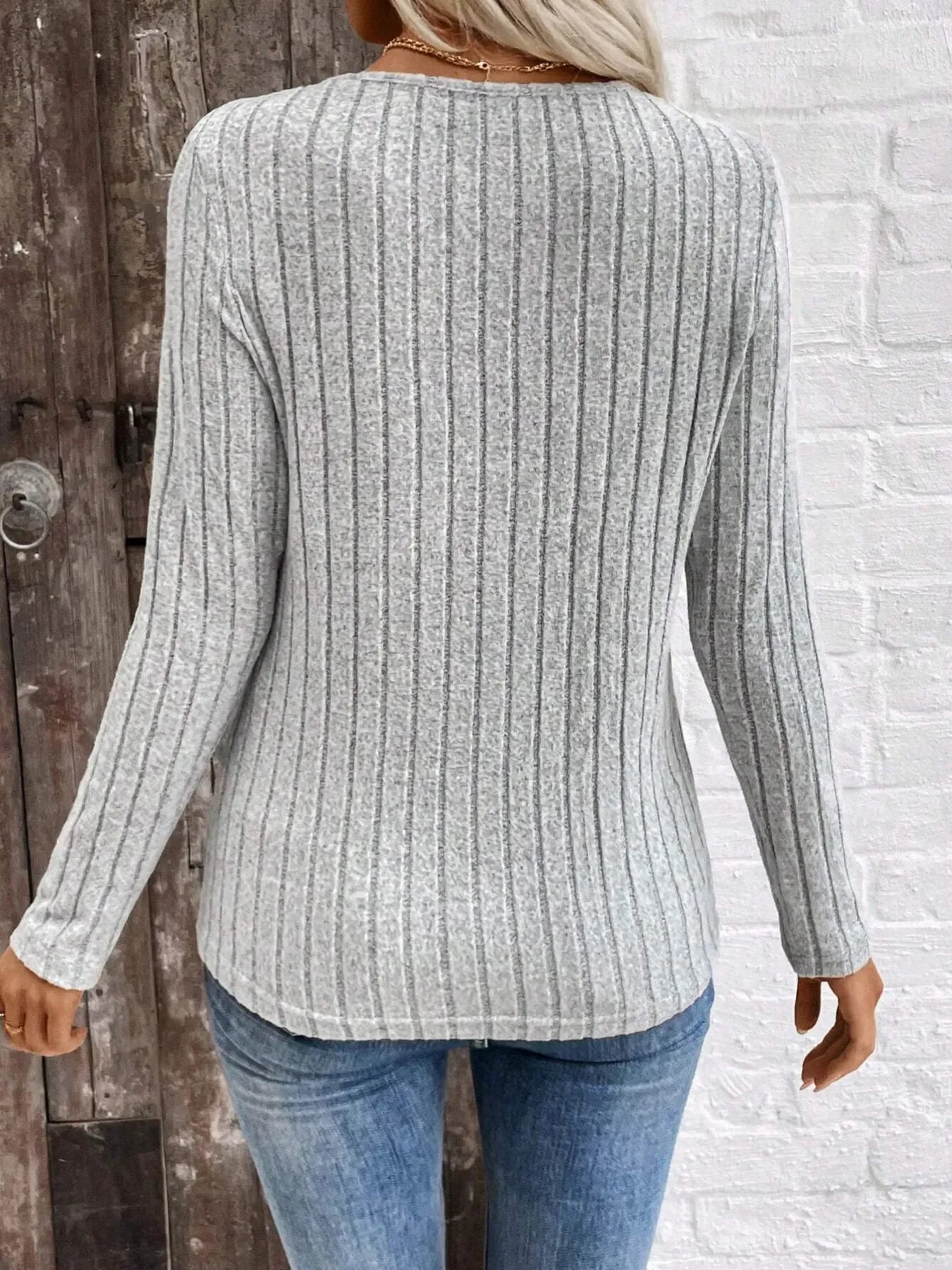 Ribbed V-Neck Long Sleeve Knit T-Shirt - Southern Shores Clothing