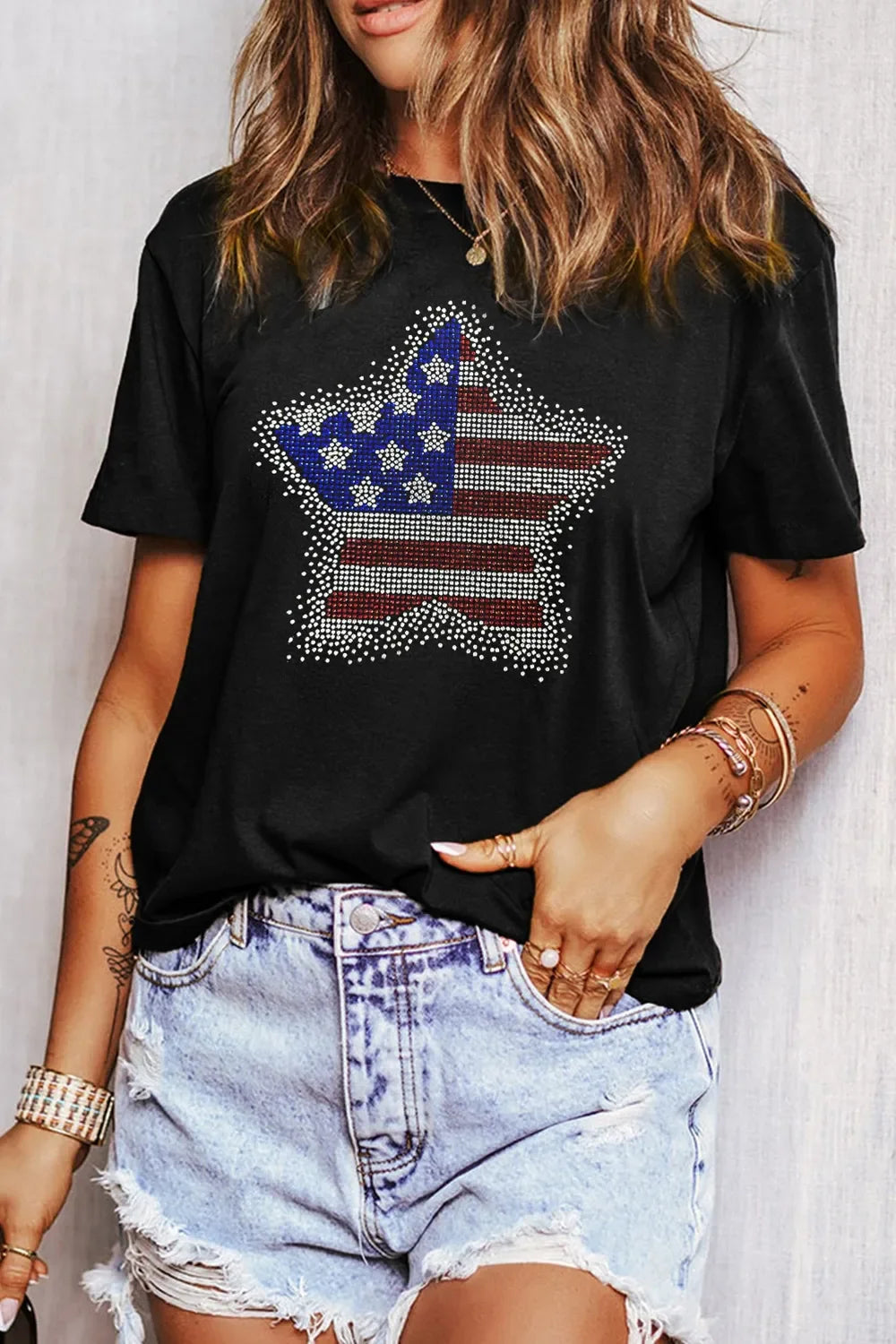 Rhinestone Round Neck Short Sleeve T Shirt With Stretch - Southern Shores Clothing
