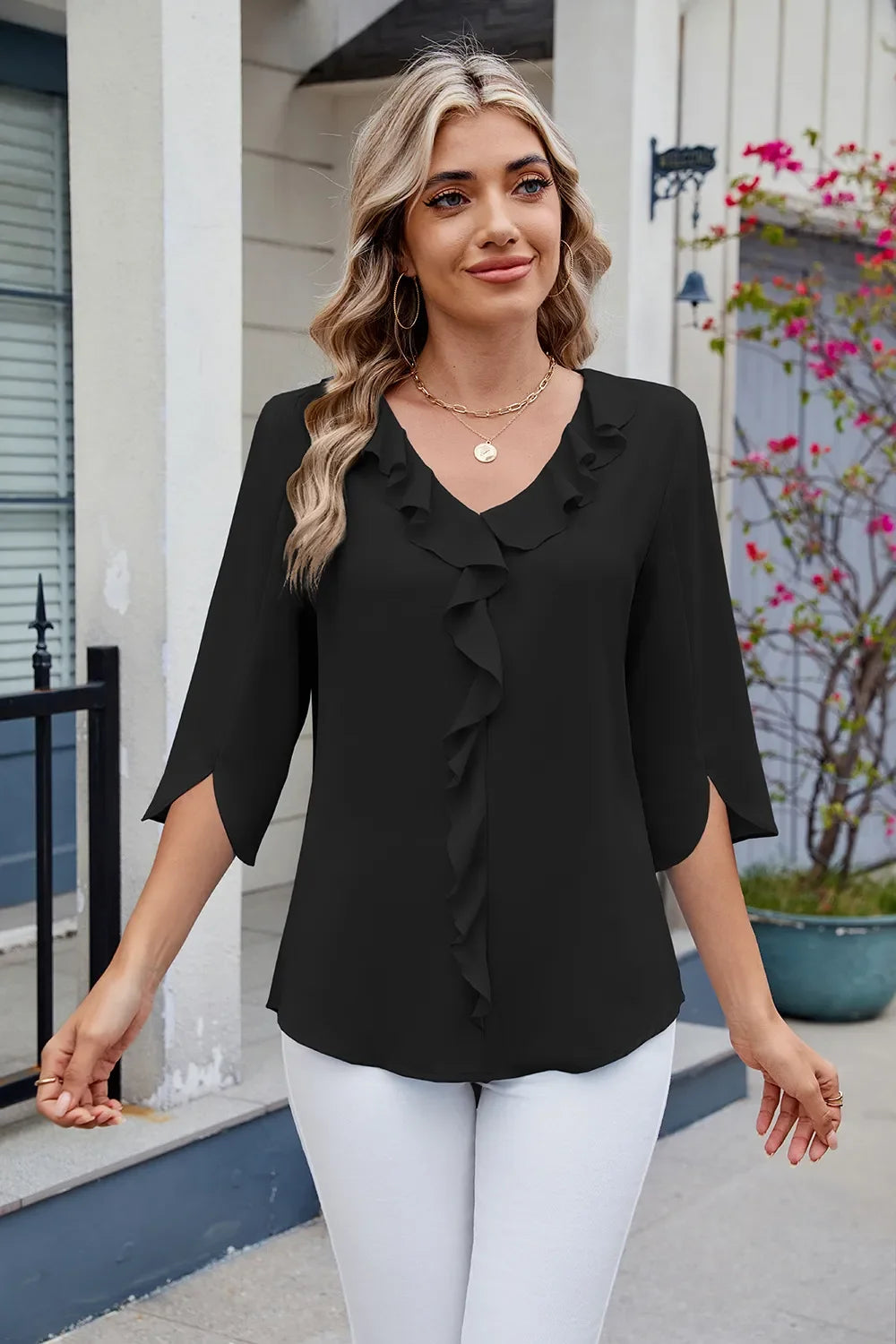 Ruffled Polyester V-Neck Blouse With Three-Quarter Sleeve - Southern Shores Clothing