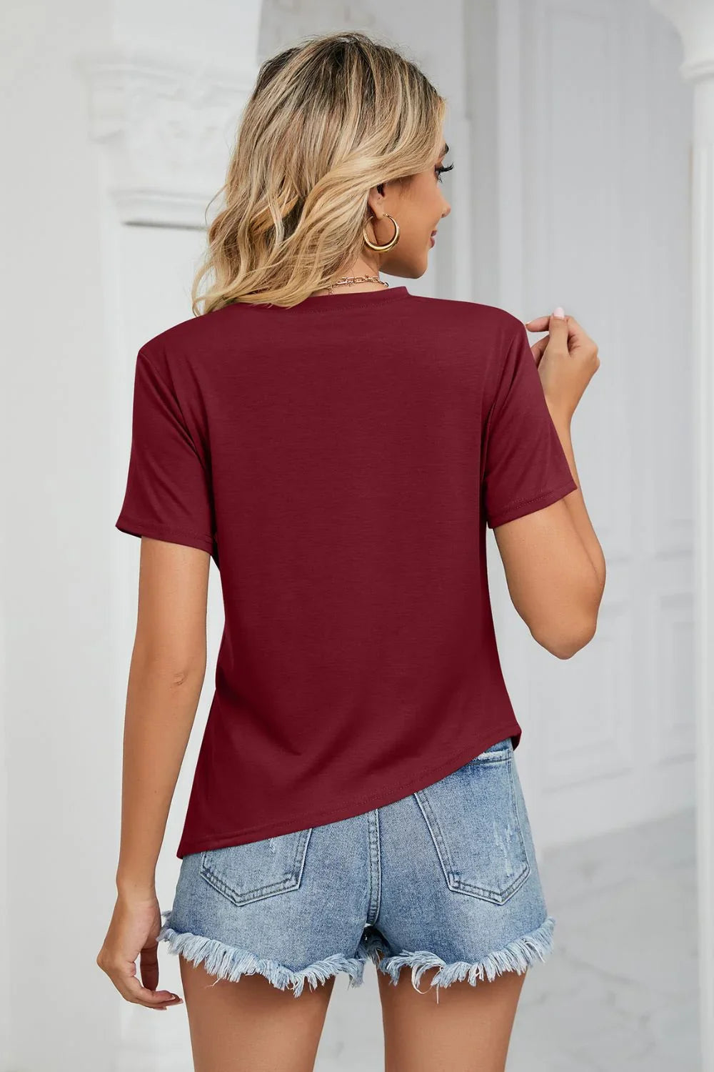 Ruched Hem Crewneck Short Sleeve T Shirt Stretchy Fabric - Southern Shores Clothing