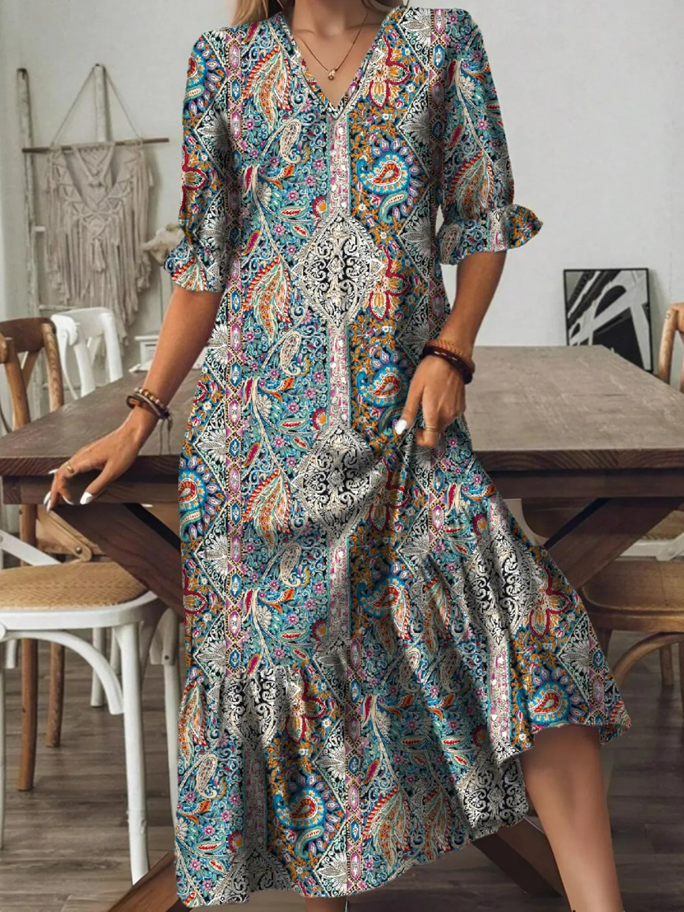 Bohemian Paisley Print V Neck Tiered Midi Dress Pattern - Southern Shores Clothing