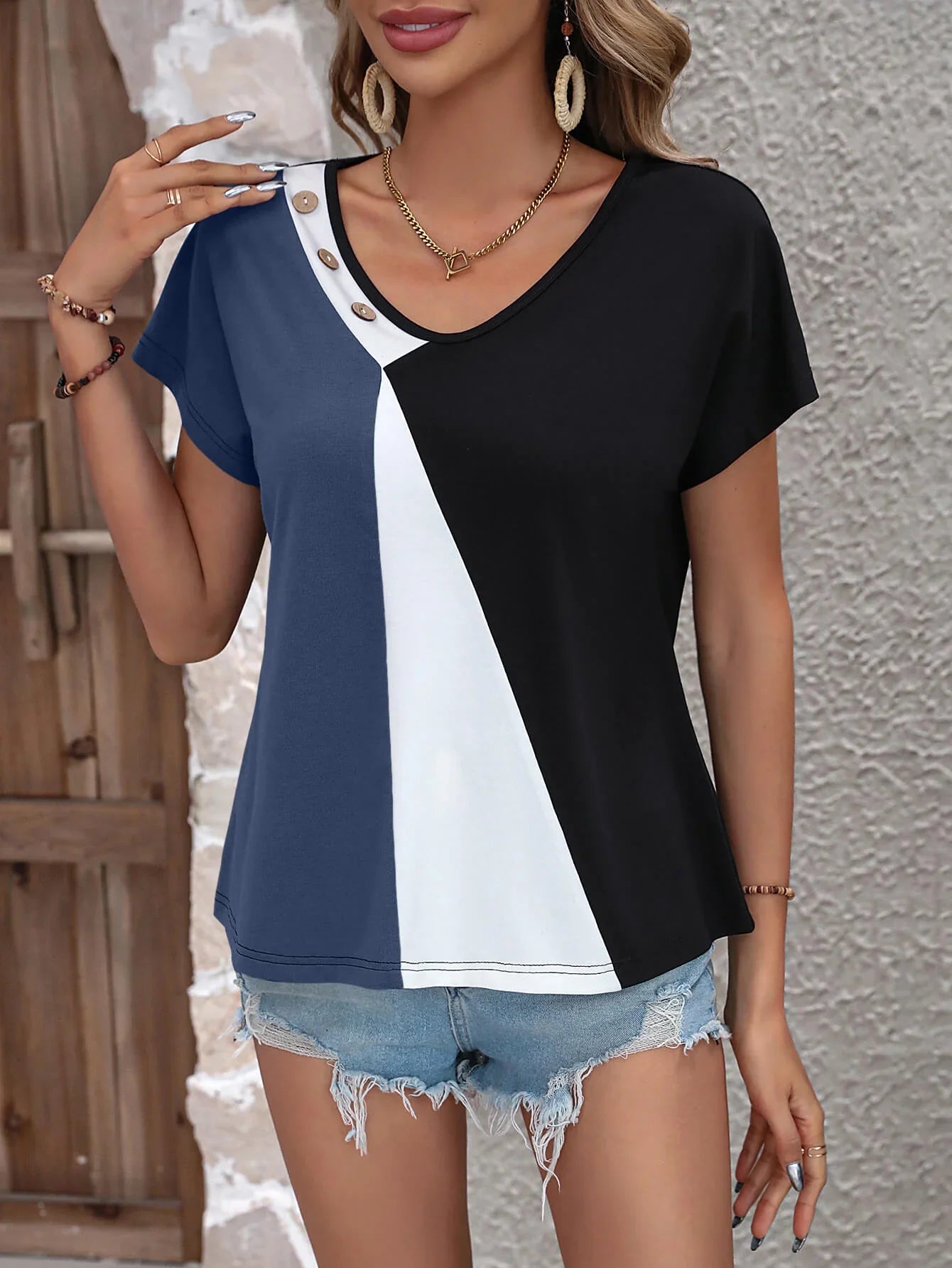 Block V Neck T Shirt With Decorative Buttons - Southern Shores Clothing