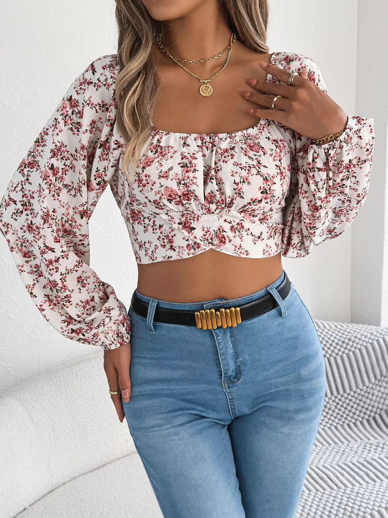 Floral Balloon Sleeve Square Neck Crop Blouse - Southern Shores Clothing