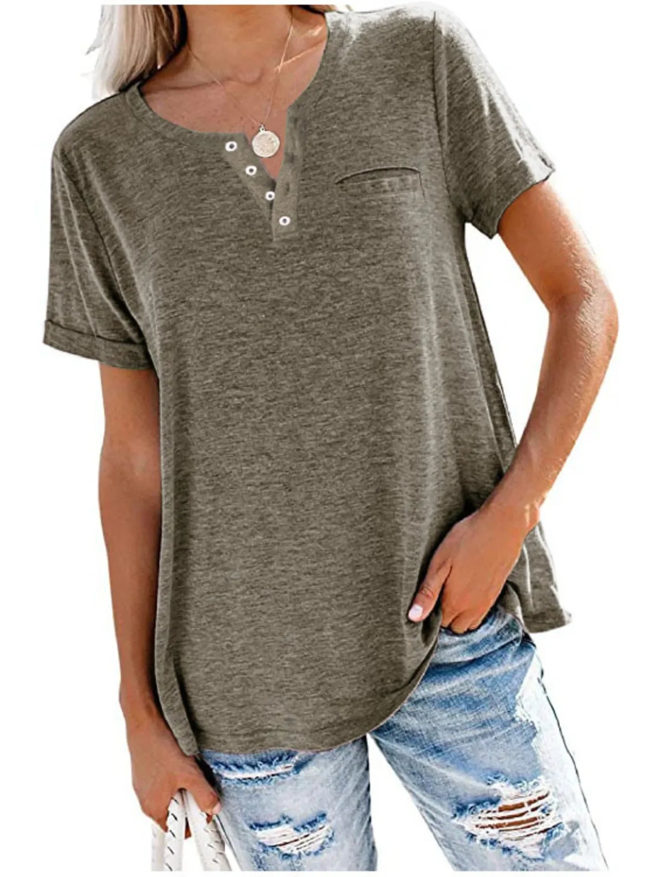 Notched Short Sleeve Plus Size T Shirt Casual Wear - Southern Shores Clothing