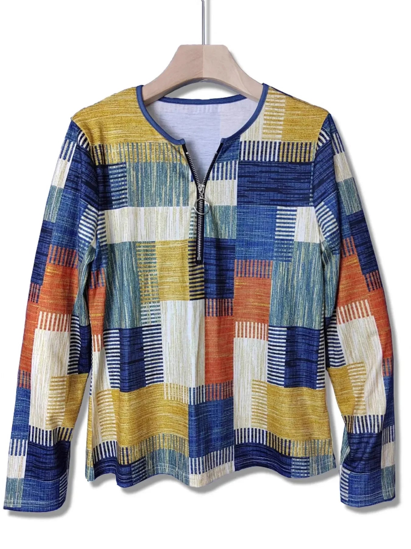 Block Zip Front Long Sleeve Top With Polyester Fabric - Southern Shores Clothing