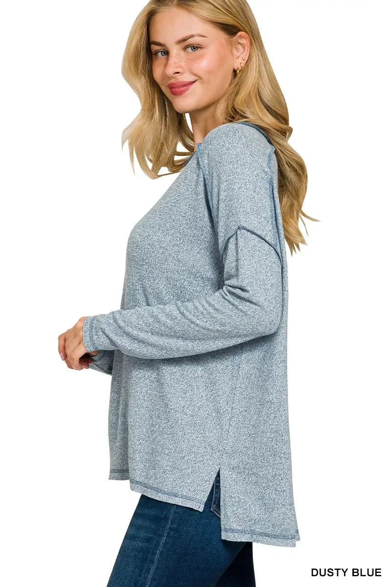 Plus Size Melange Hacci Exposed Seam Hi Low Tee - Southern Shores Clothing