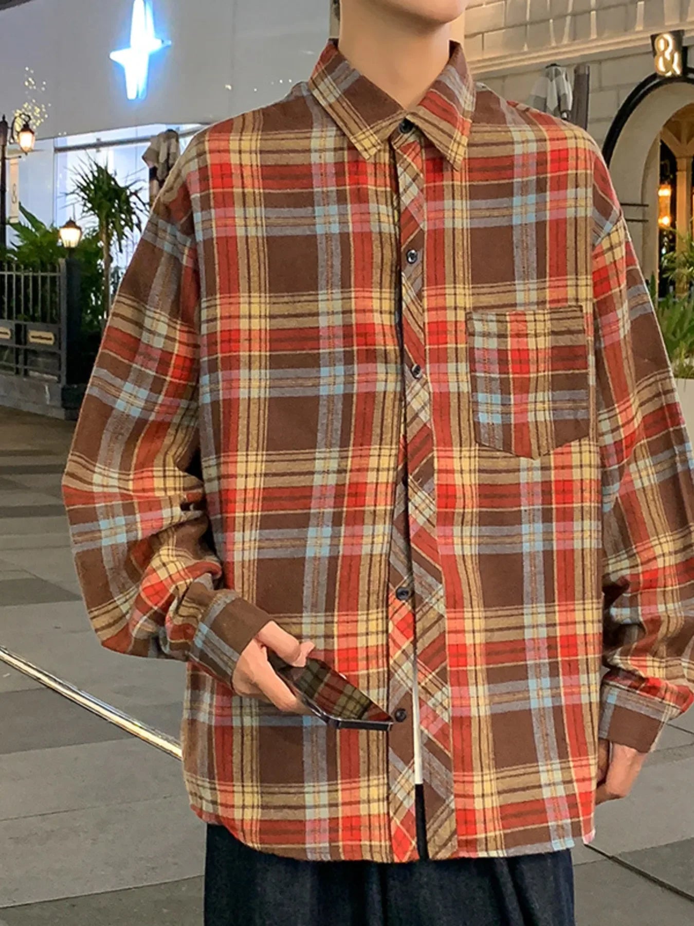 Plaid Long Sleeve Plus Size Cotton Shirt With Pockets