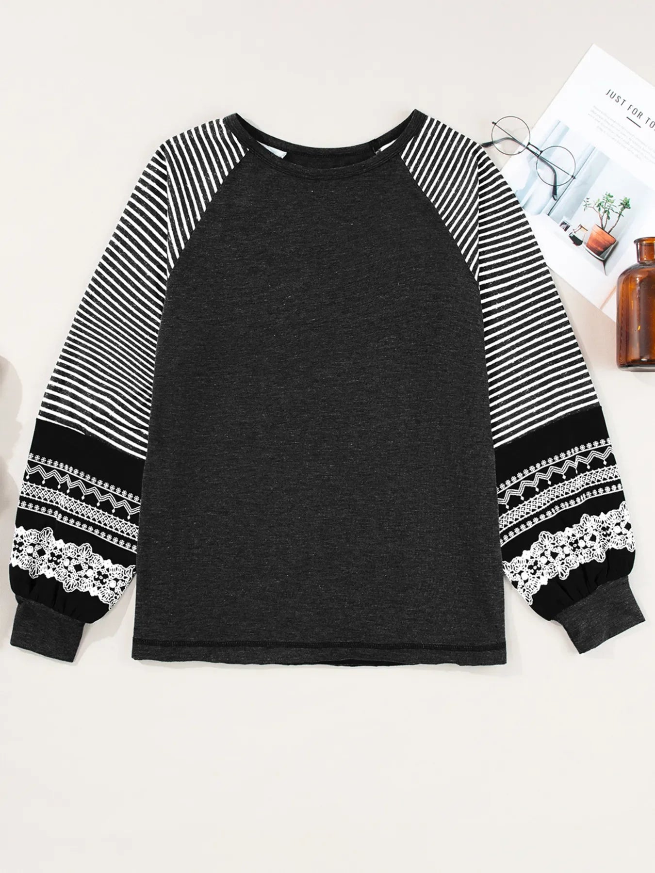 Contrast Print Striped Raglan Long Sleeve Loose Top - Southern Shores Clothing