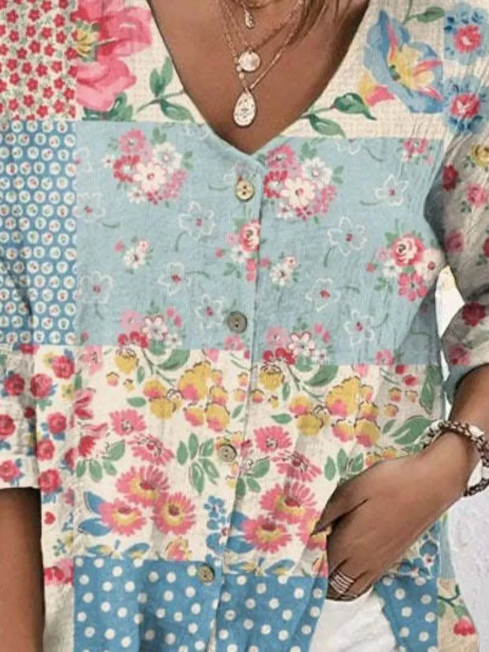 Printed V-Neck Buttoned Polyester Blouse, Casual Style - Southern Shores Clothing