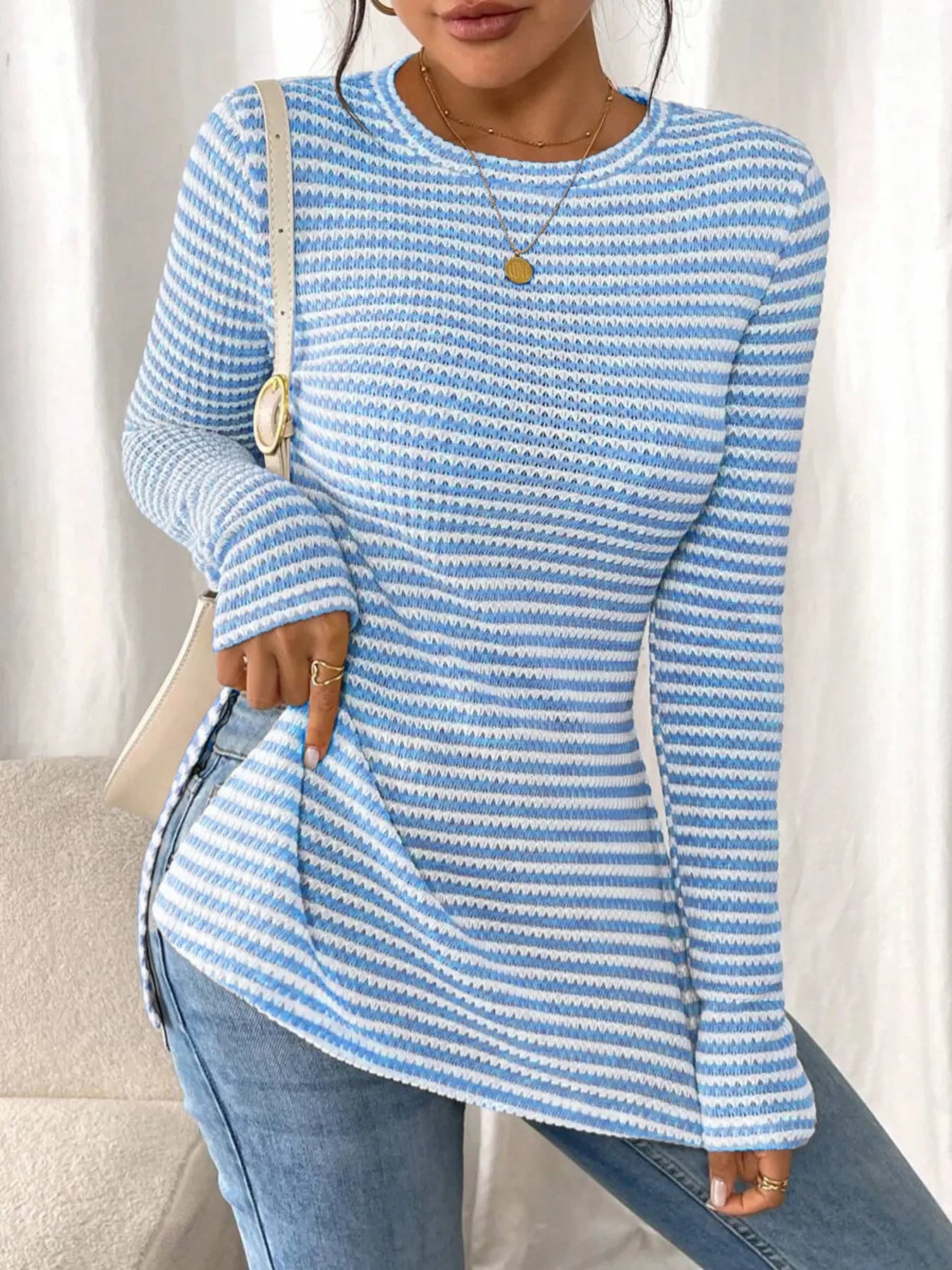 Side Slit Striped Long Sleeve T-Shirt - Southern Shores Clothing